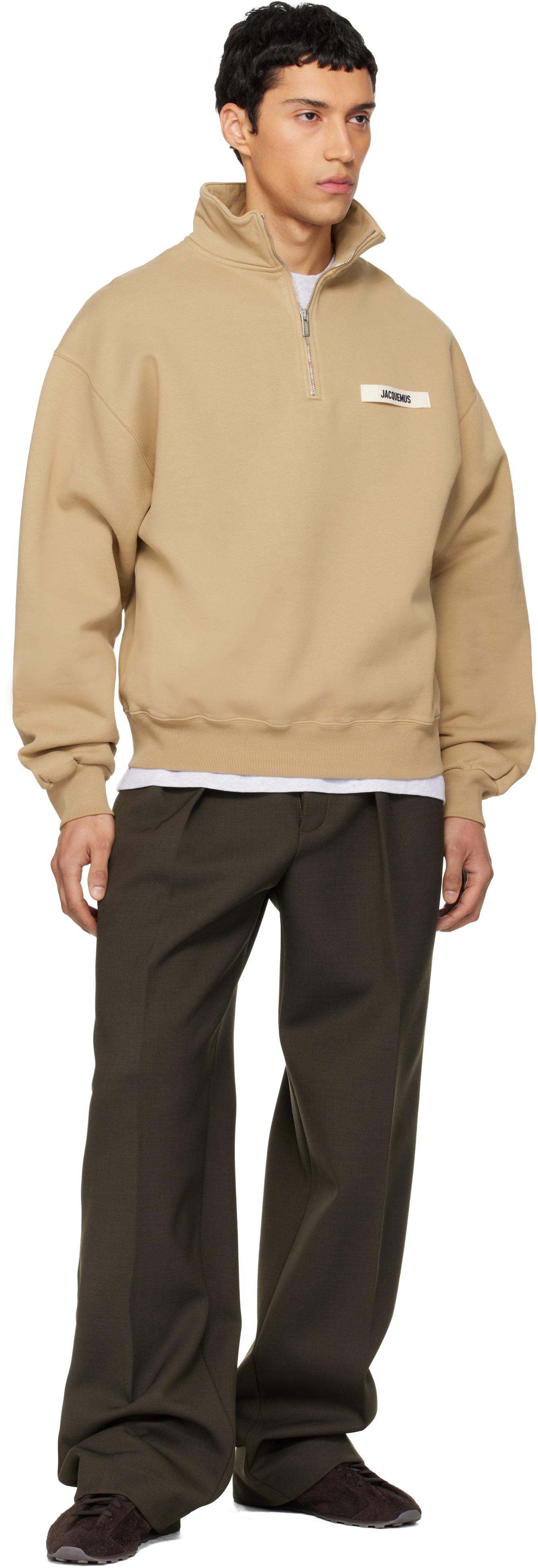 JACQUEMUS: Tan 'The Gros Grain zipped-rollneck' Sweatshirt | SSENSE