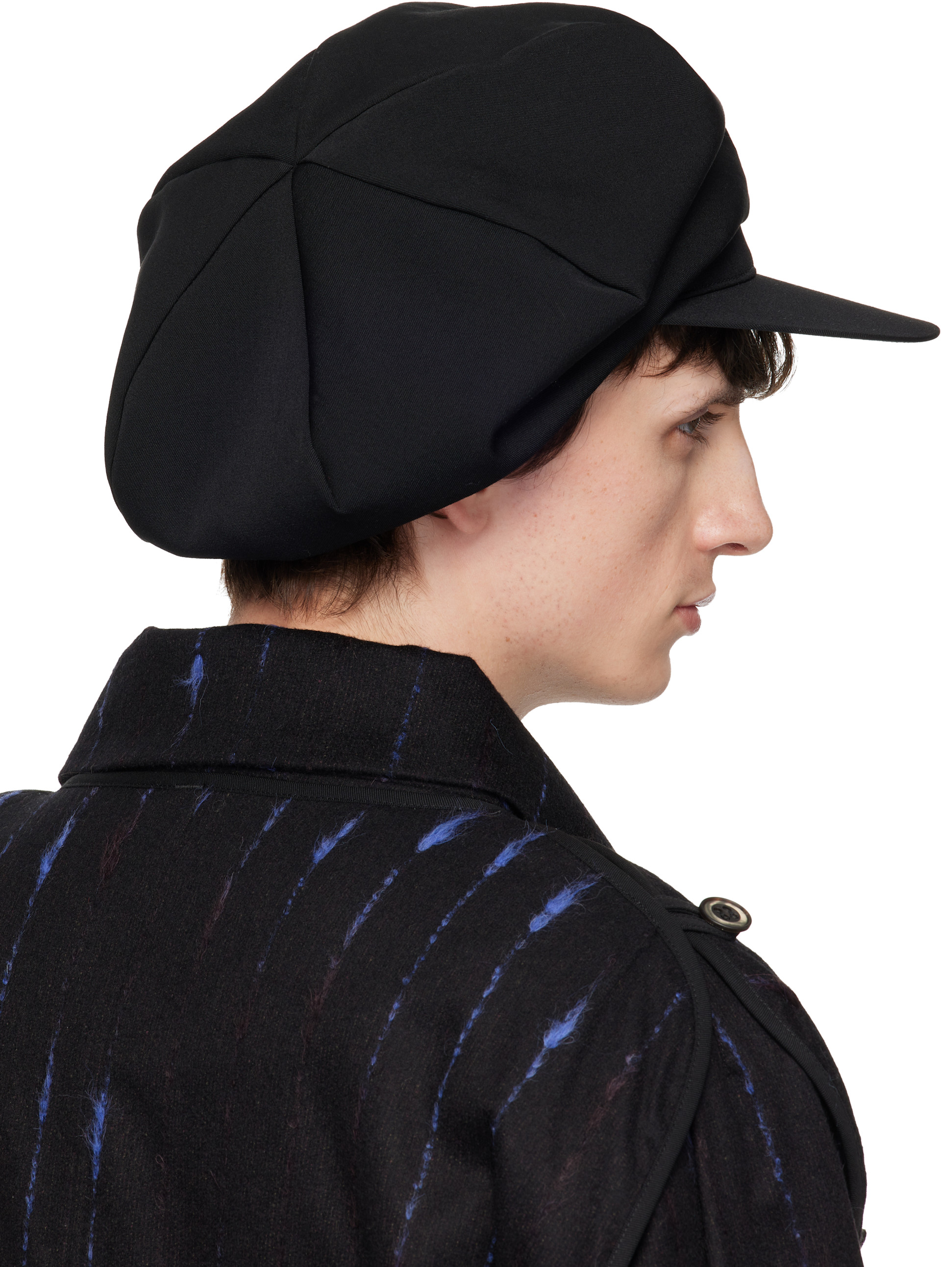 Yohji Yamamoto POUR HOMME フィッシャーマンキャップ YOHJI YAMAMOTO: Black Gabardine Darts Casquette Cap | SSENSE