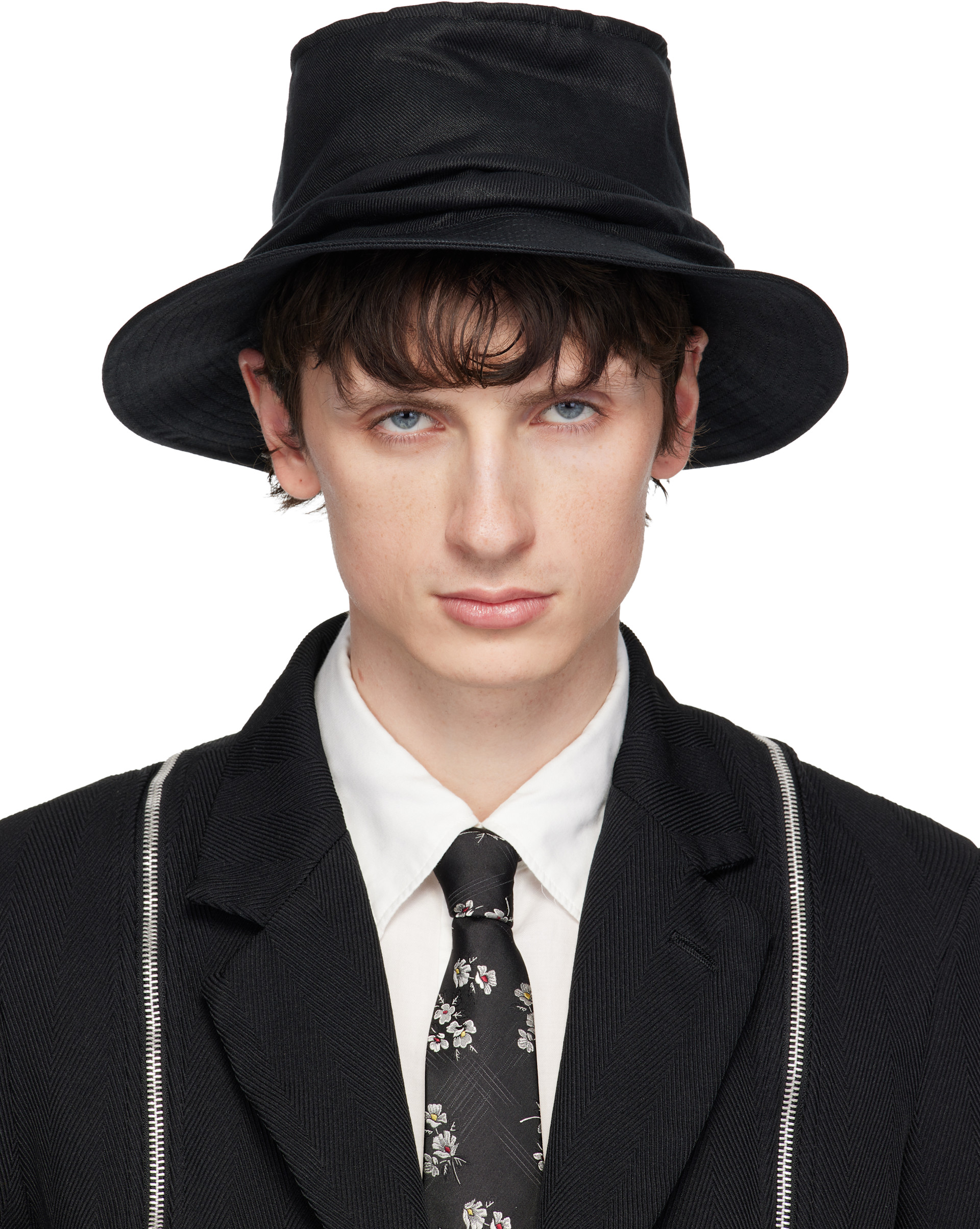 Yohji Yamamoto ハット YOHJI YAMAMOTO: ブラック ドレープ バケットハット | SSENSE 日本