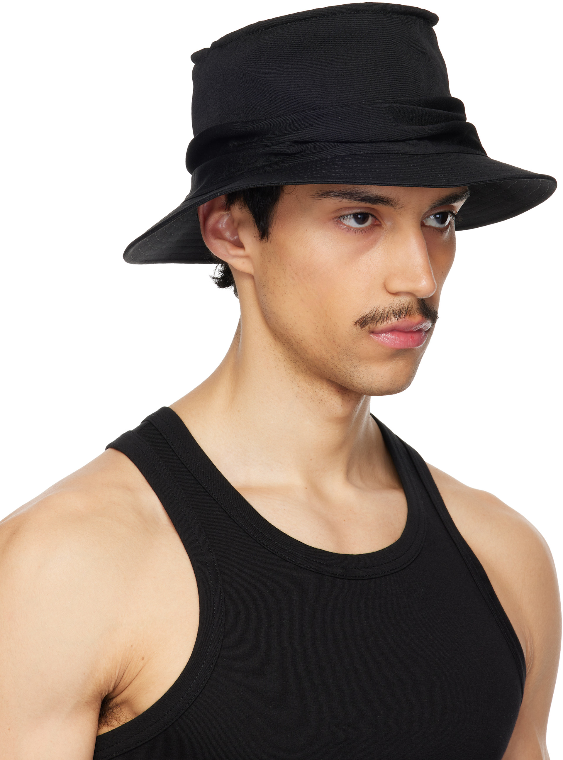 帽子 Yohji Yamamoto GABARDINE DRAPE HAT YOHJI YAMAMOTO: Black Gabardine Drape Hat | SSENSE