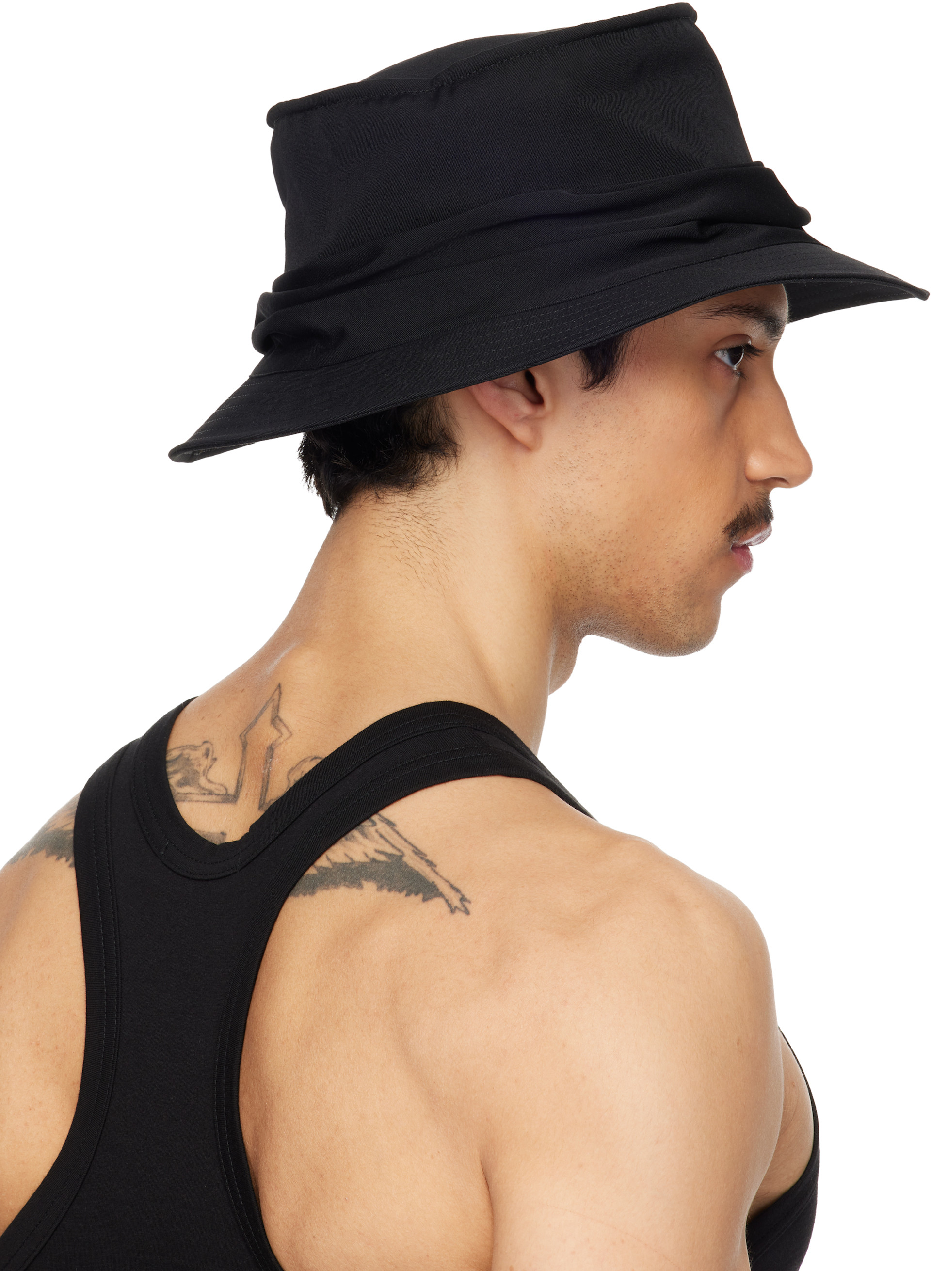 YOHJI YAMAMOTO: Black Gabardine Drape Hat | SSENSE Canada