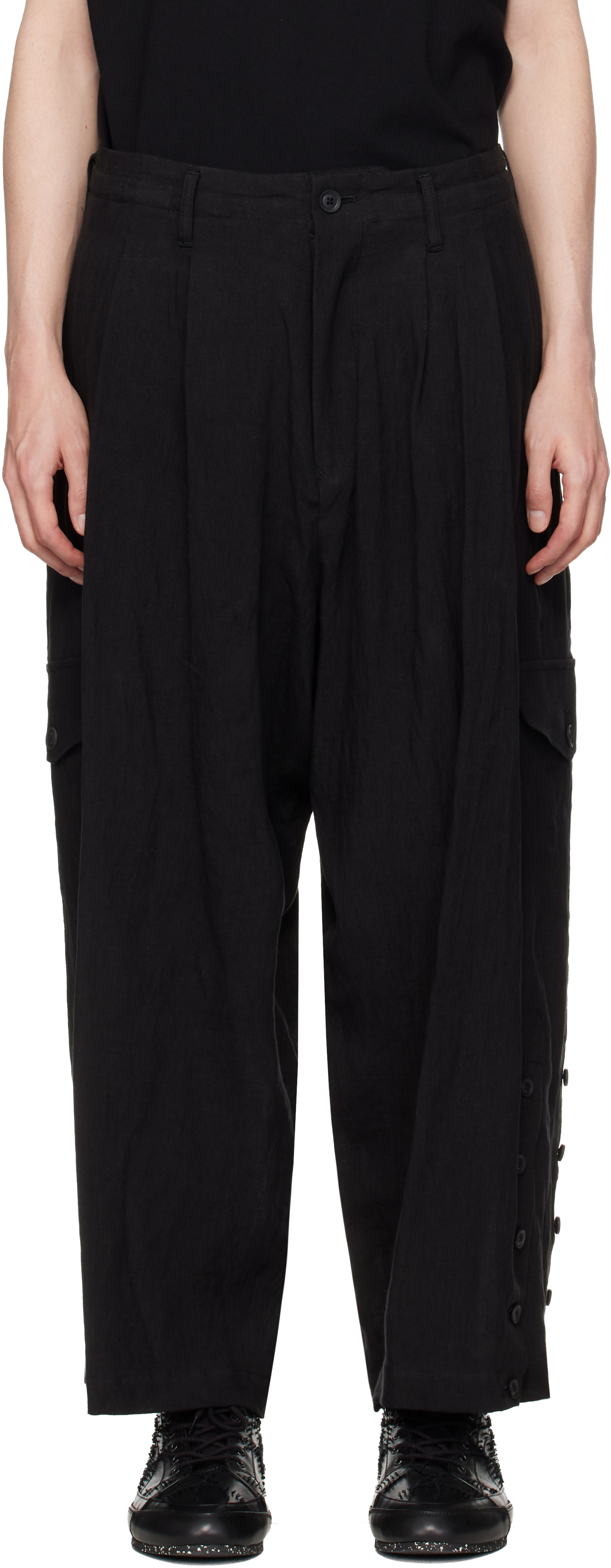 YOHJI YAMAMOTO - 블랙 리넨 카고 팬츠