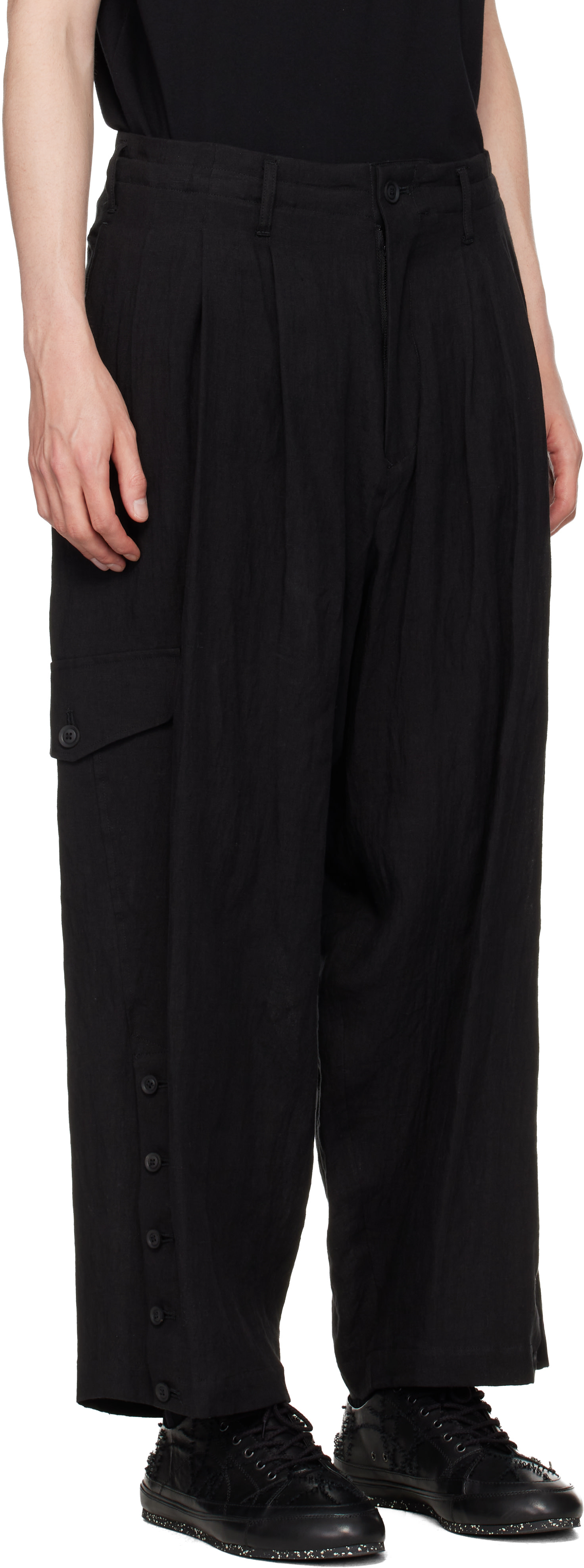 YOHJI YAMAMOTO - 블랙 리넨 카고 팬츠
