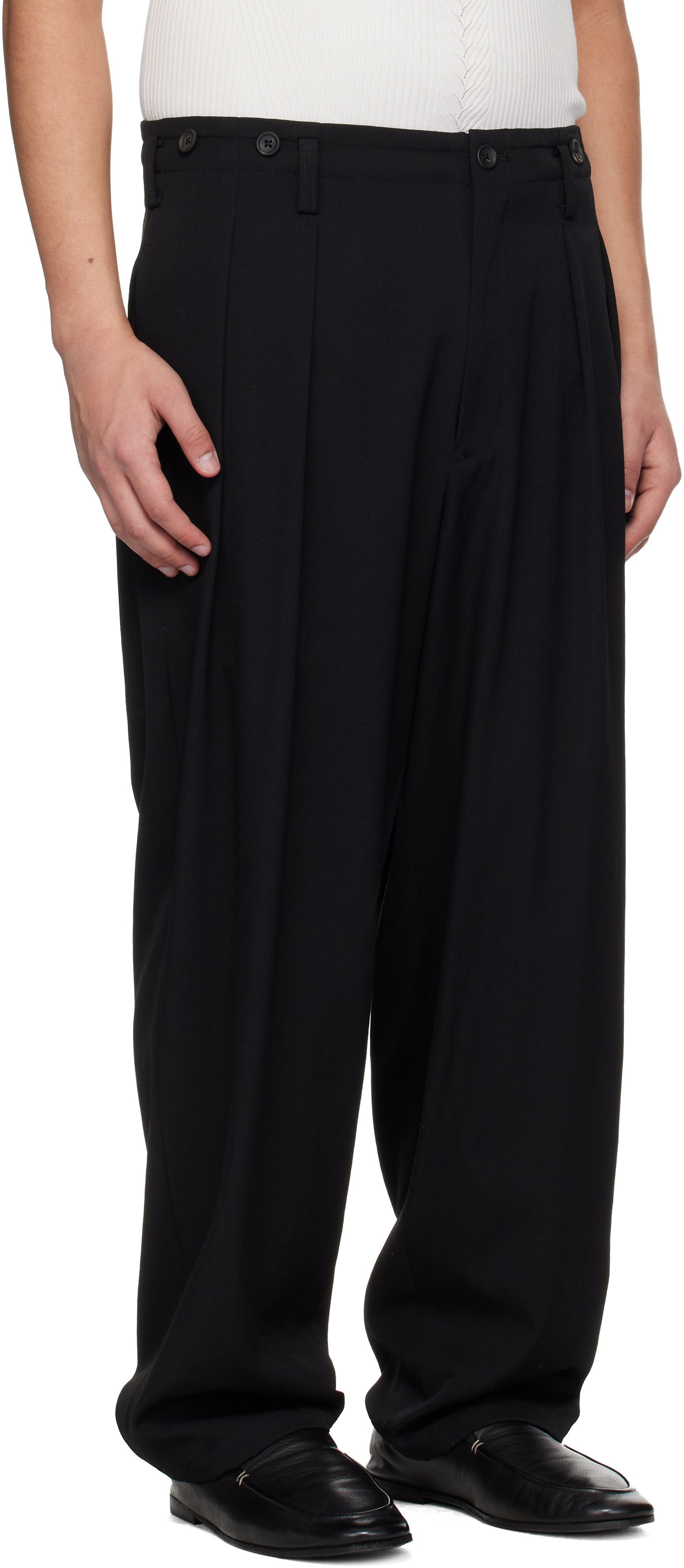 Y’s 25aw WOOL GABARDINE ZIP TUCKED YOHJI YAMAMOTO: Black Wool Gaberdine 2 Tucks Suspender Trousers