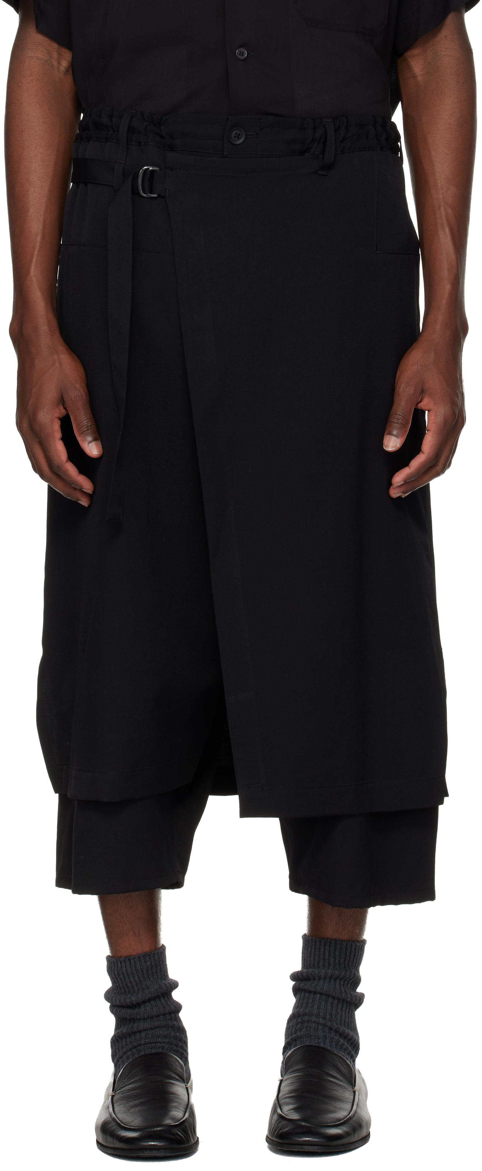 YOHJI YAMAMOTO: Black Wool Gabardine Standard Wrap Trousers | SSENSE