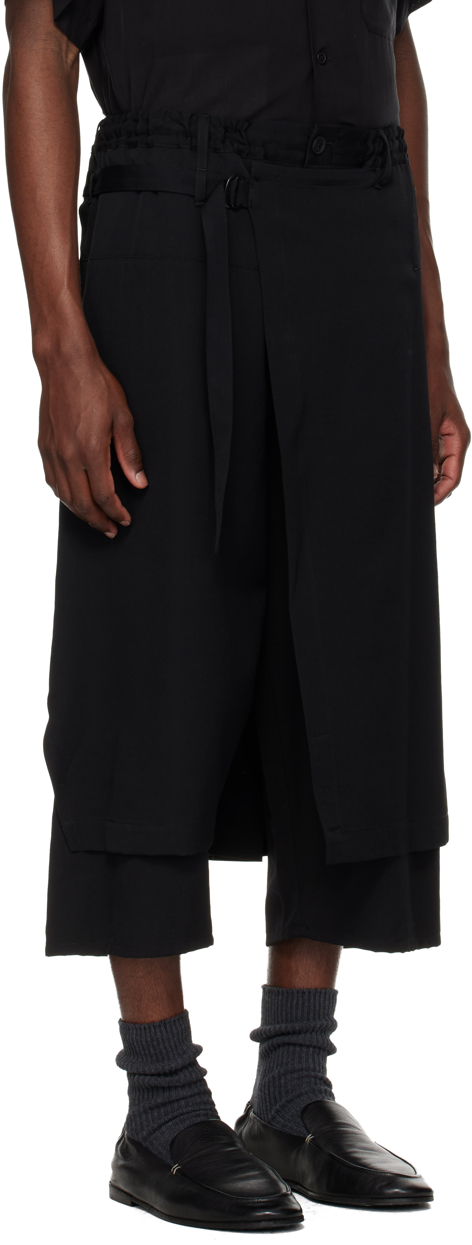 YOHJI YAMAMOTO: Black Wool Gabardine Standard Wrap Trousers | SSENSE