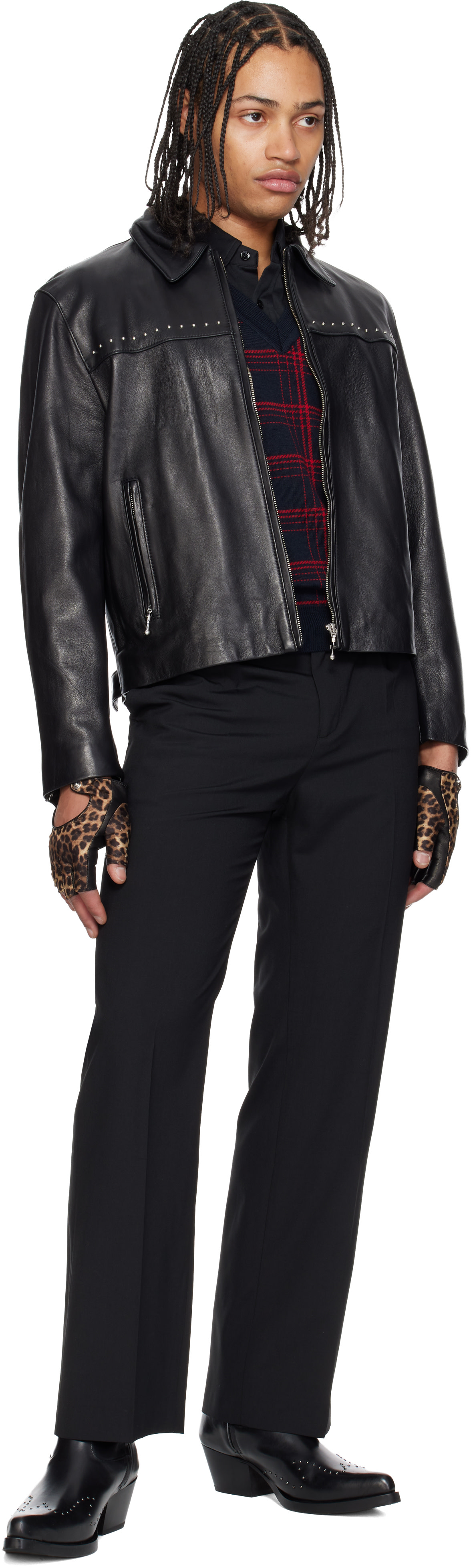 Ernest W. Baker: Black & Beige Open Finger Driving Gloves | SSENSE