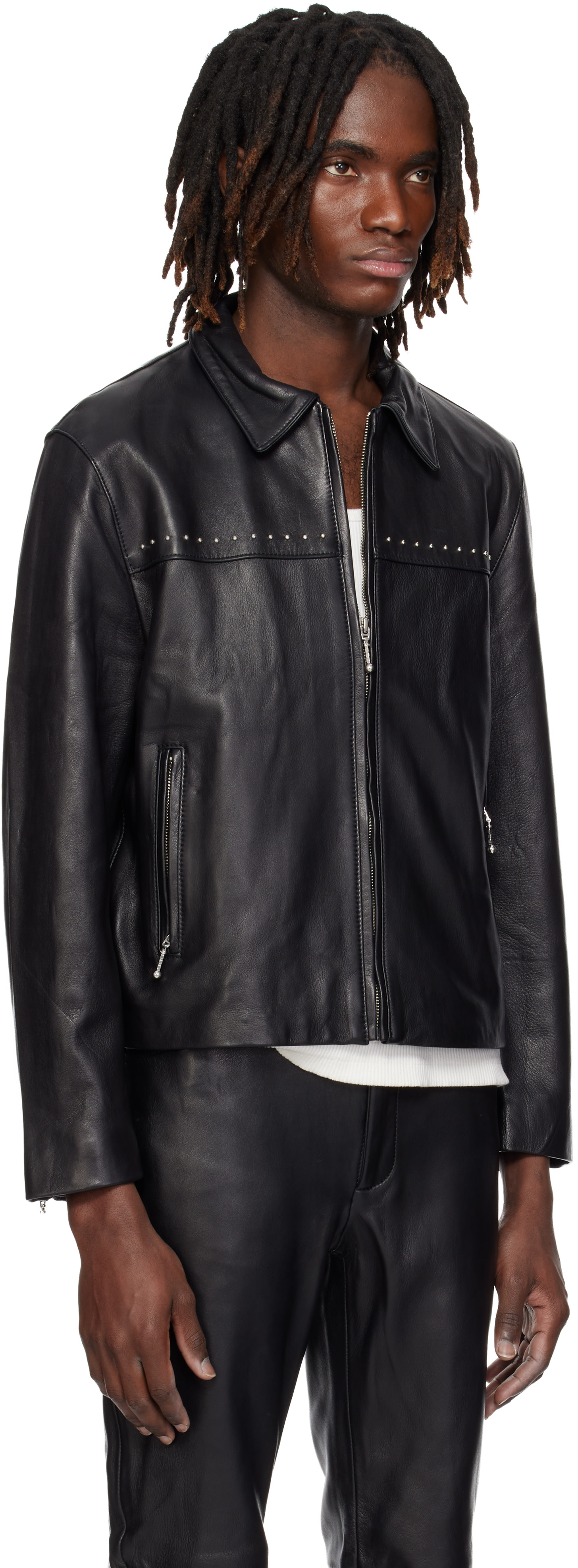 Belvet Star Studded Work Jacket レザー M Ernest W. Baker: Black Studded Leather Jacket | SSENSE Canada