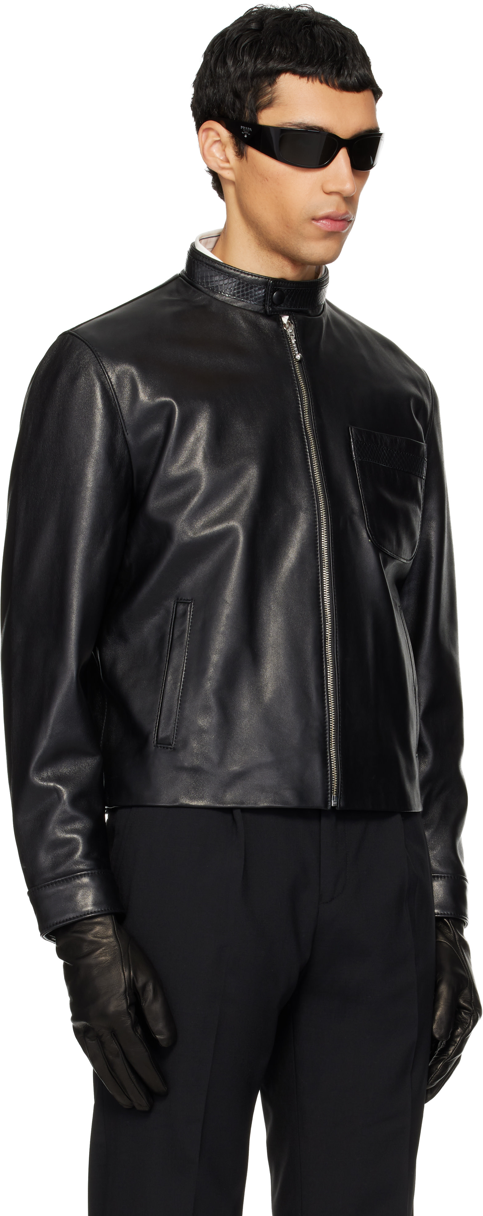 Ernest W. Baker: Black Snake Trim Leather Jacket | SSENSE