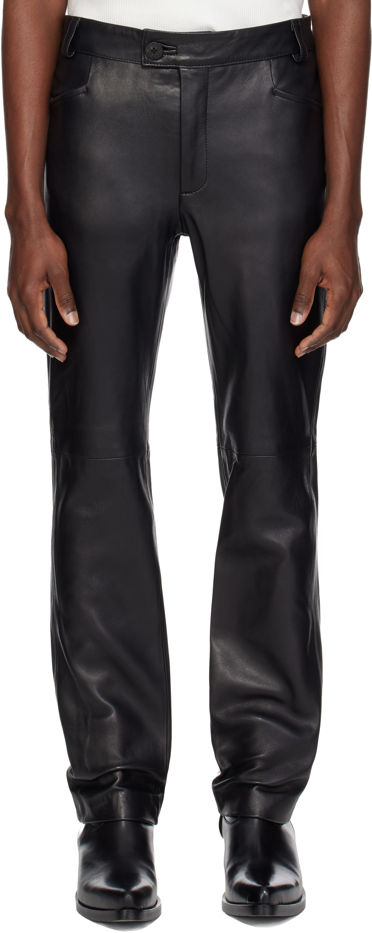 ERNEST W.BAKER 20aw ラメパンツ Ernest W. Baker: Black Straight-Fit Leather Pants | SSENSE