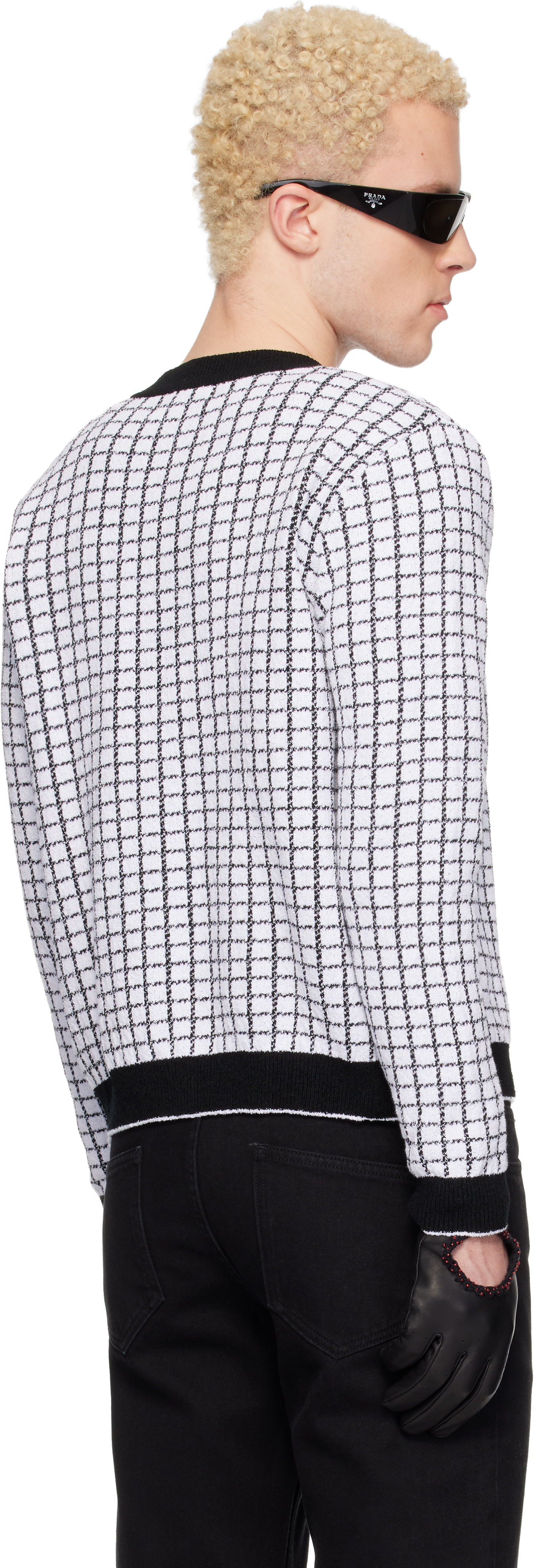 Ernest W. Baker: White & Black Check Boucle Cardigan | SSENSE 