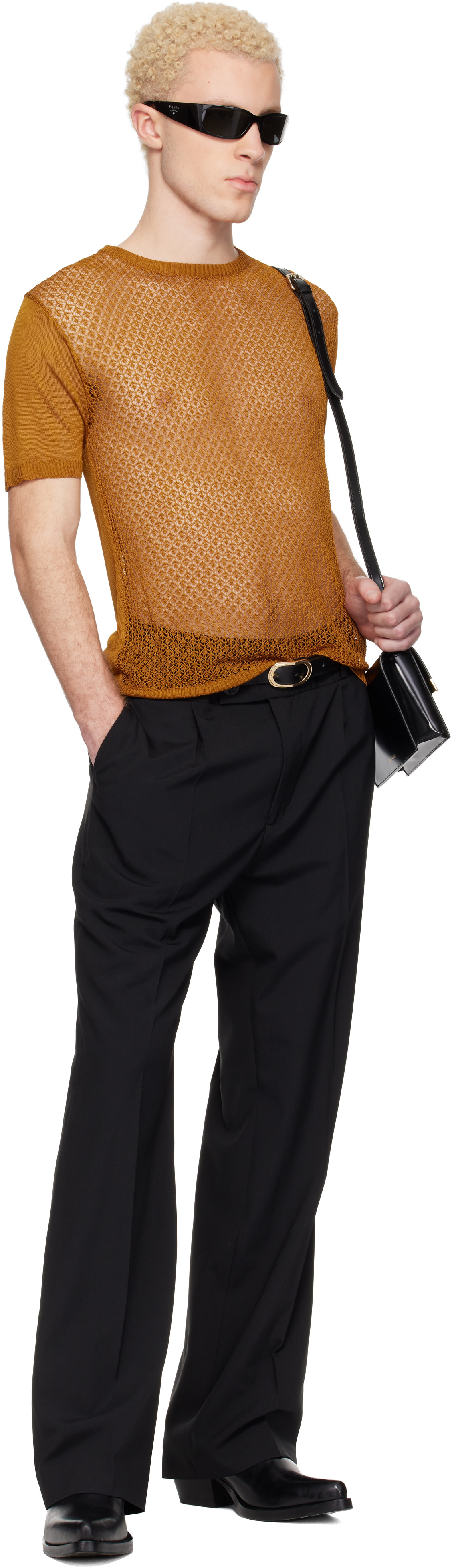 Ernest W. Baker: Tan Open Knit Viscose T-shirt | SSENSE