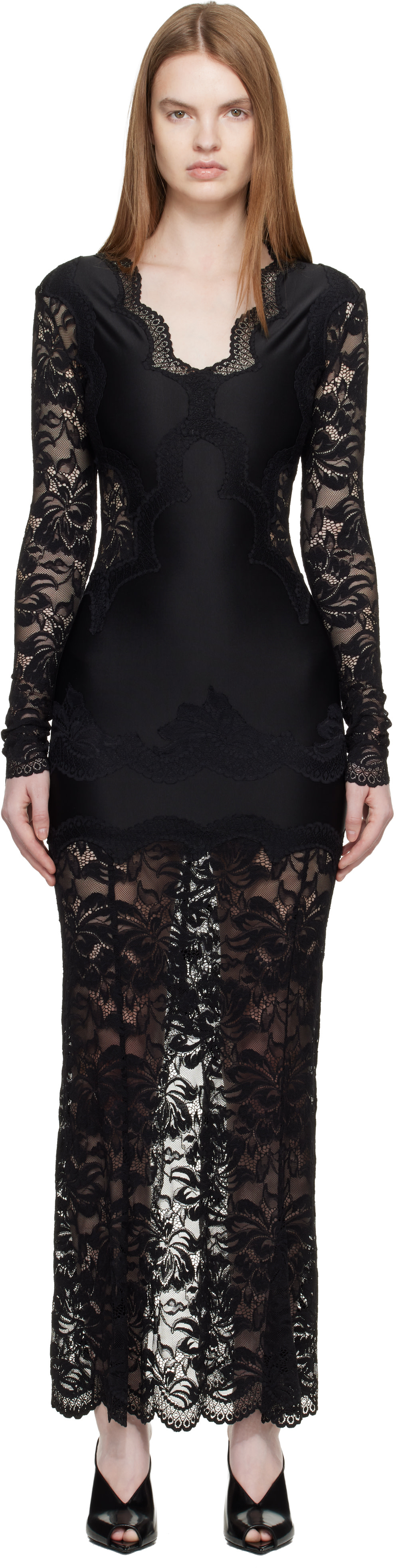 satin maxi dress with lace Miss Circle Women Camila Black Satin and Lace Maxi Dress main image 0