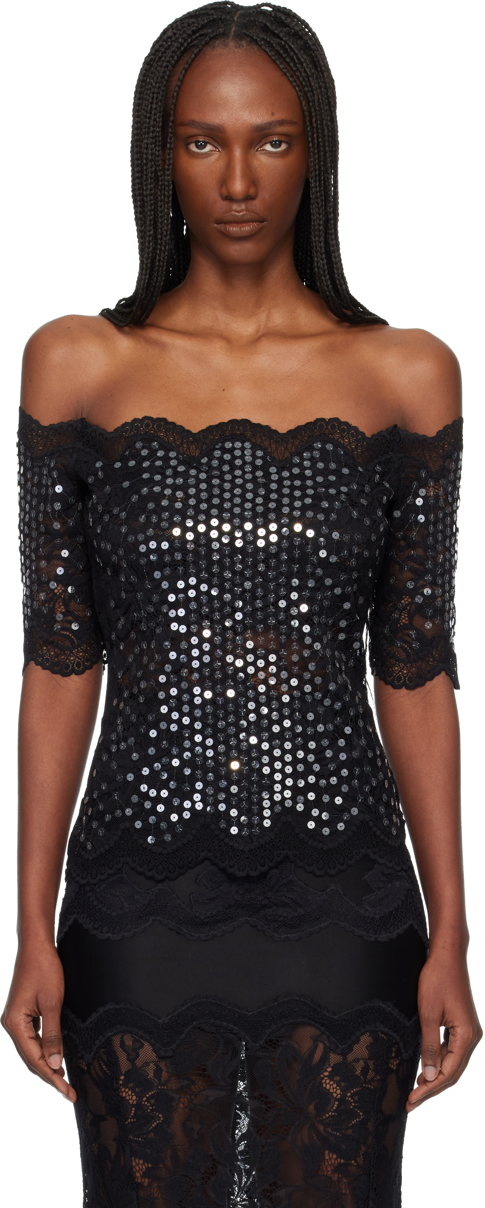 lace black top cold shoulder Rabanne: Black Off The Shoulder Lace Top SSENSE Canada