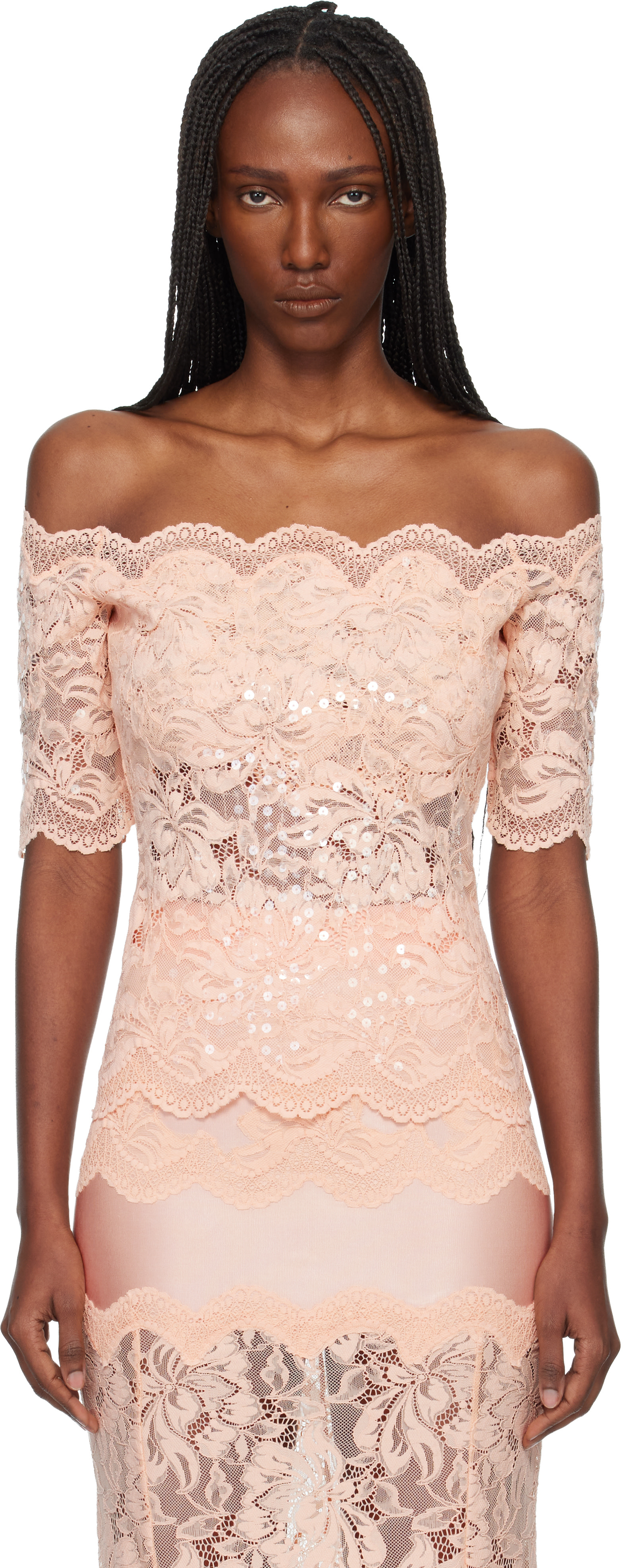 Rabanne: Pink Off The Shoulder Lace Top | SSENSE Canada