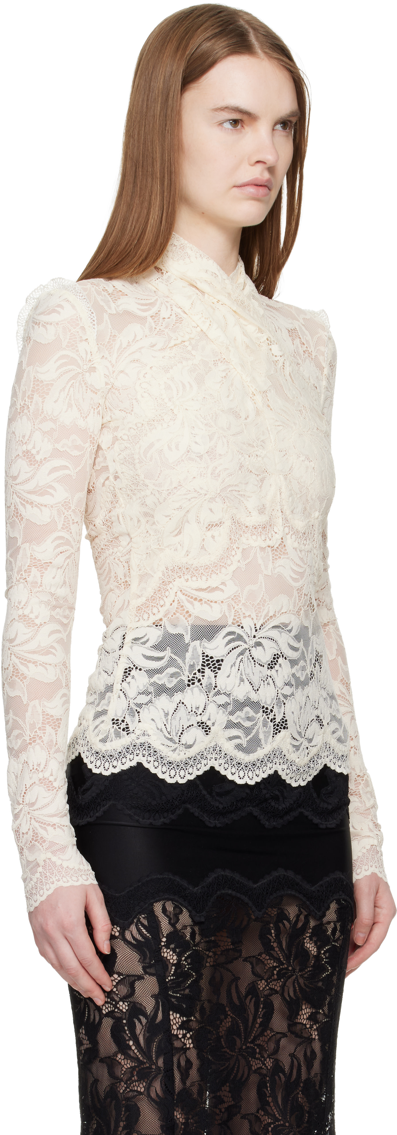 Rabanne: Off-White Long-Sleeved Lace Top | SSENSE
