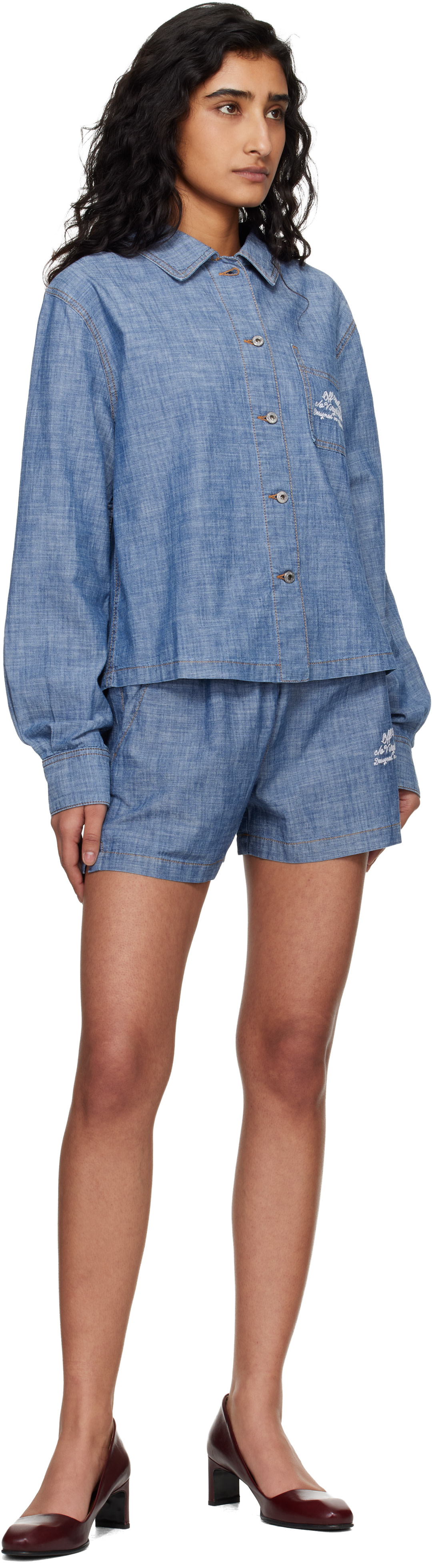 Off-White - 블루 샴브레이 파자마 쇼츠
