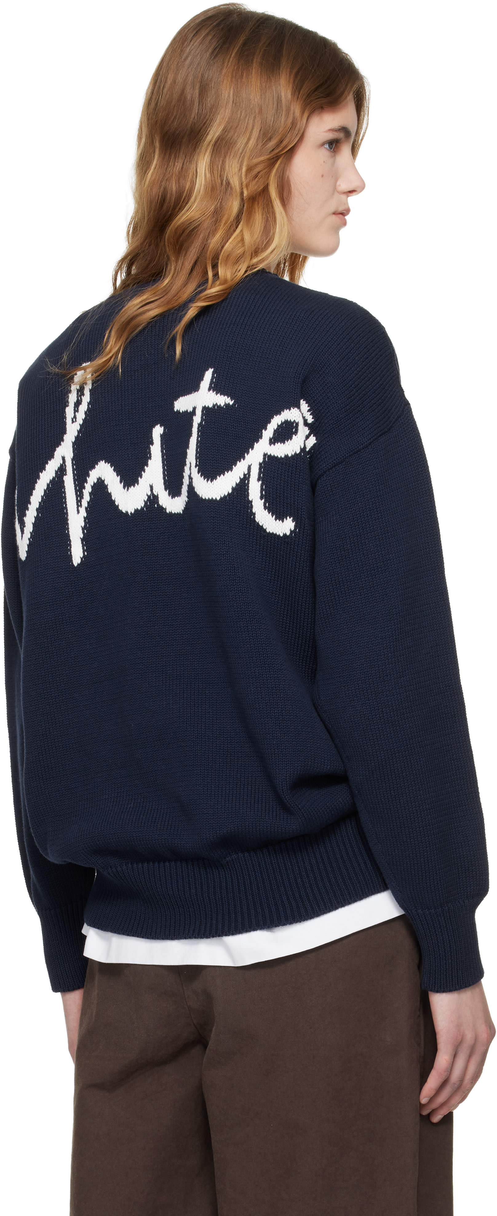 Off-White: ネイビー Bookish Shared Cotton Knit Crewneck セーター
