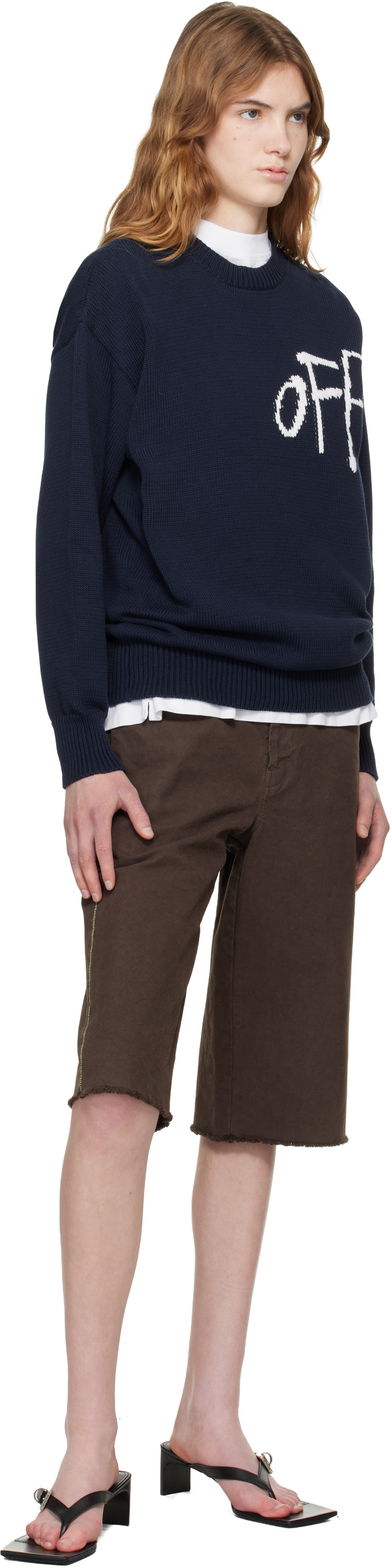 Off-White: ネイビー Bookish Shared Cotton Knit Crewneck セーター