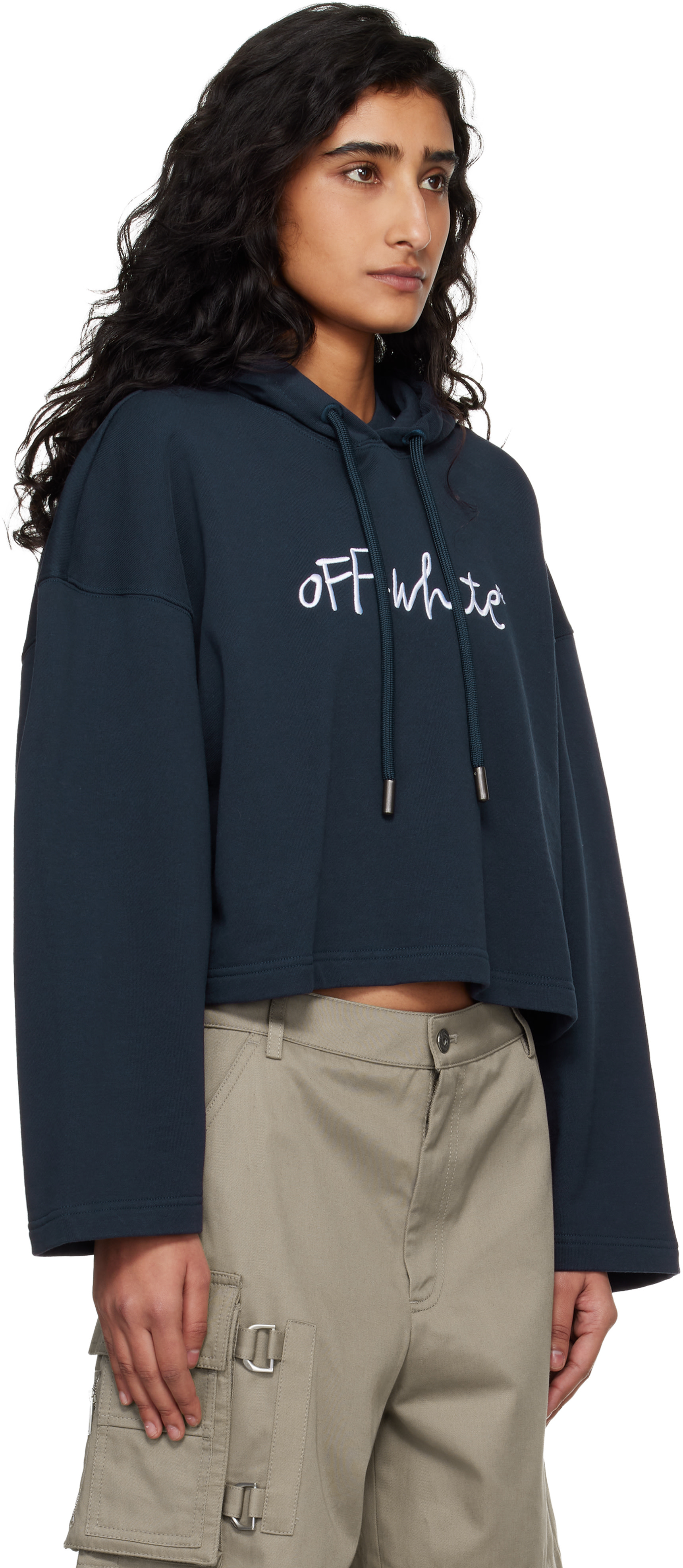 Off-White: Navy 'OW' Embroidered Script Indust Hoodie | SSENSE