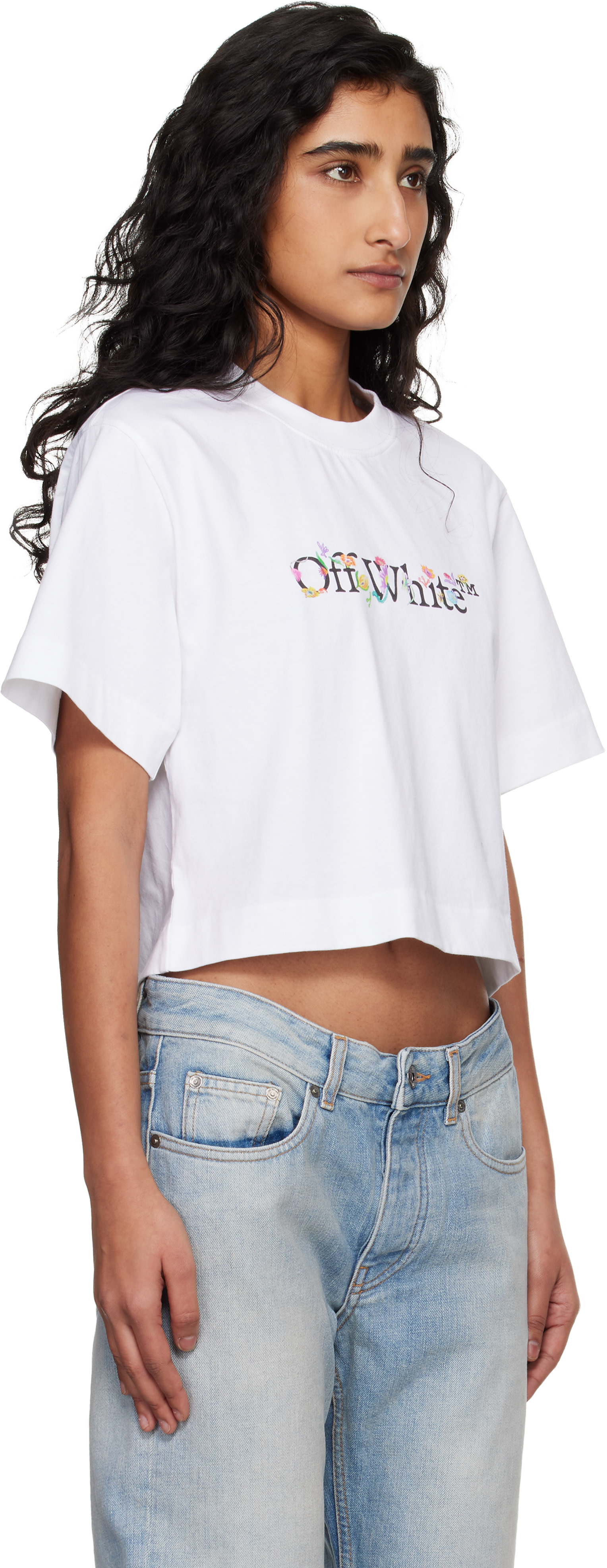 T*☆様 LINKABLEリンカブル★フレアタグTシャツ　オフホワイト✕ネオンオ Off-White: White Bookish Glowing Flower Crop T-shirt | SSENSE
