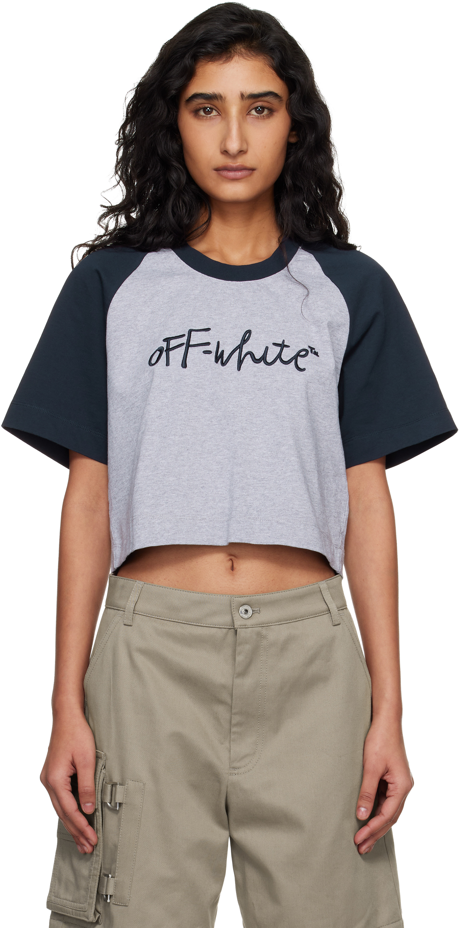 Off-White - Gray & Navy 'OW' Embroidered Script T-shirt