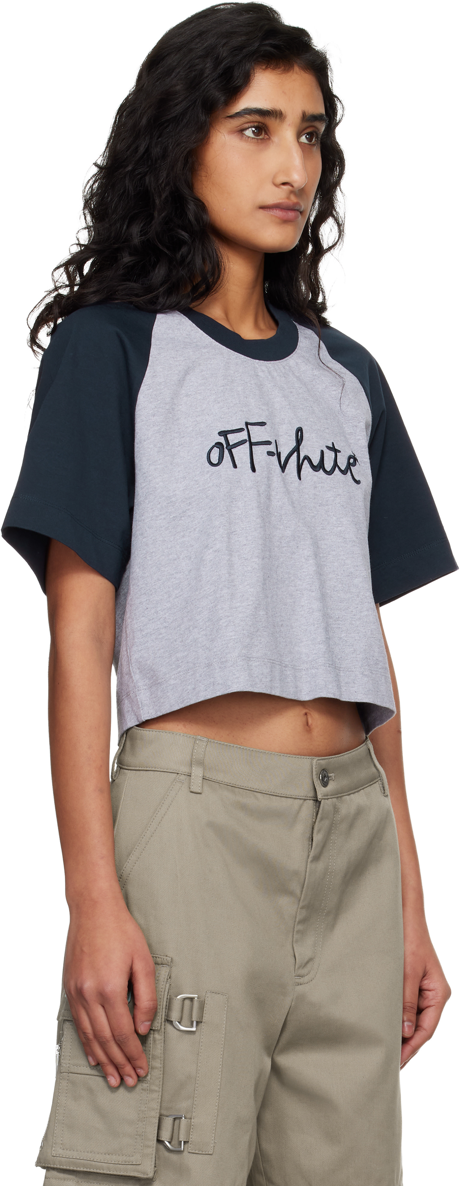 Off-White - Gray & Navy 'OW' Embroidered Script T-shirt