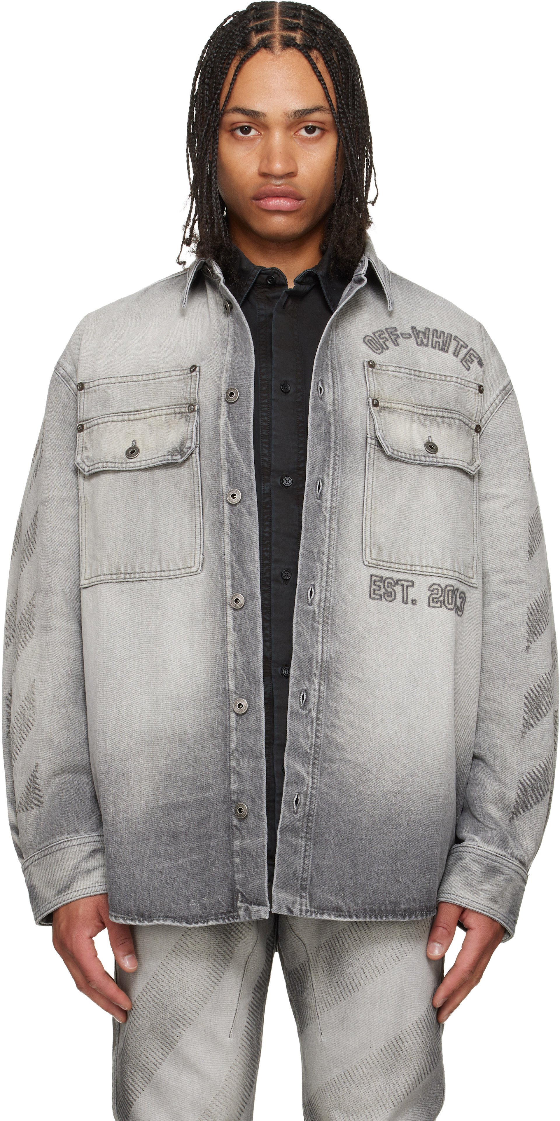 Off-White: グレー Diagonal Embroidered デニム ミリタリー オーバー