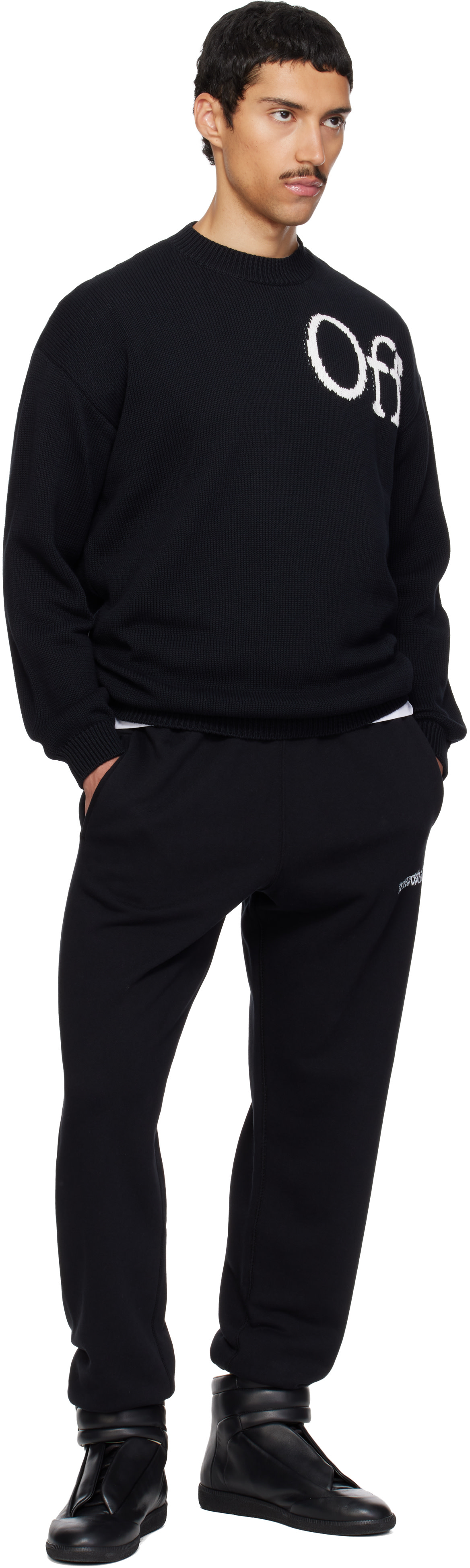 Off-White: Black 'OW' Shared Logo Knit Crewneck Sweater | SSENSE