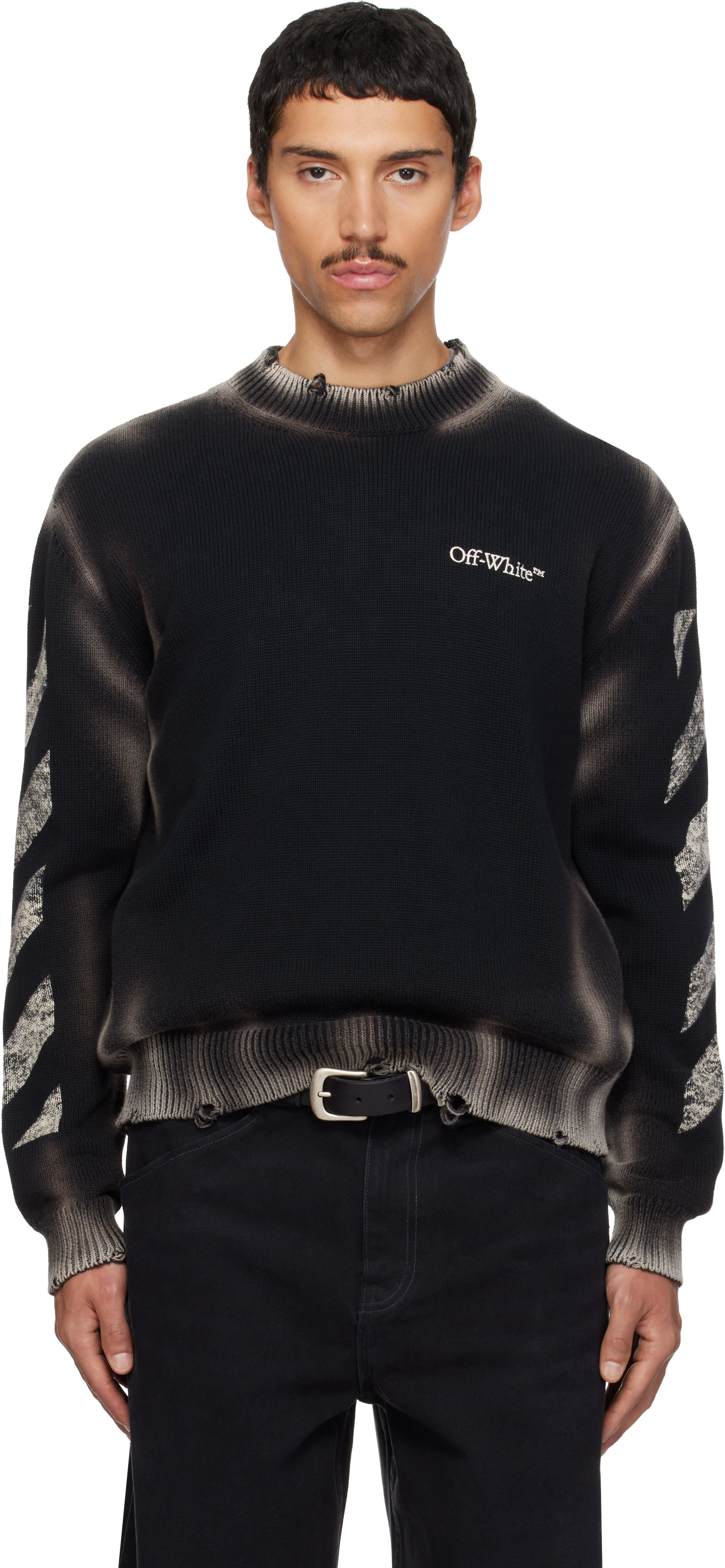 Off-White: Black Diagonal Arrow Corrosion Knit Crewneck Sweater