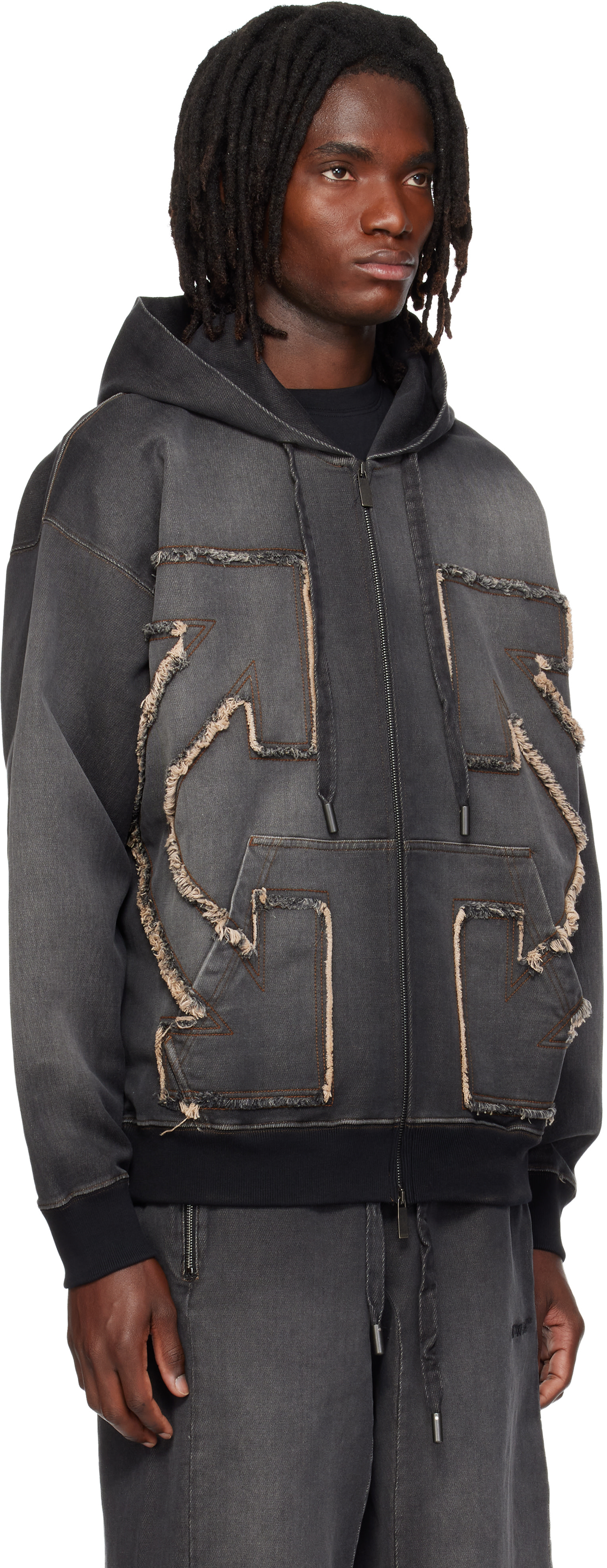 Off-White: Black Distressed Arrow Skate Zip Hoodie | SSENSE