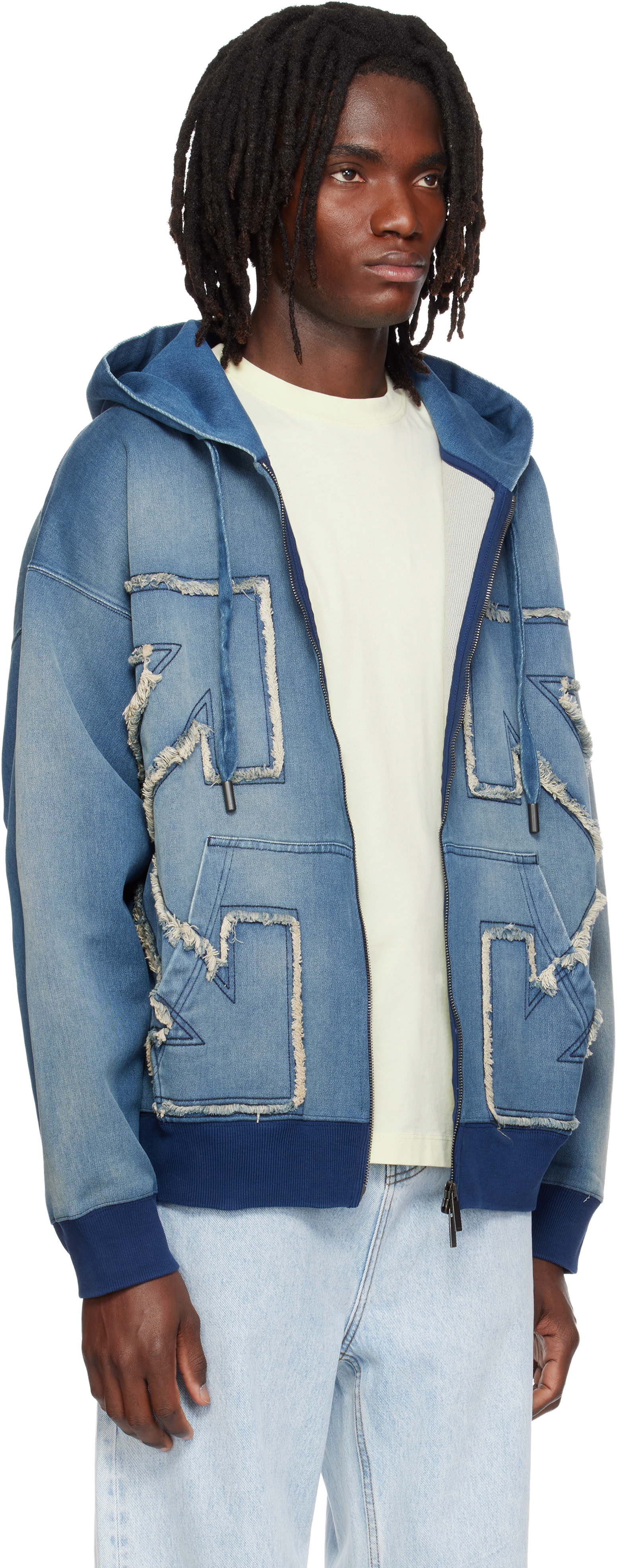 Off-White: Blue Distressed Arrow Skate Zip Hoodie | SSENSE