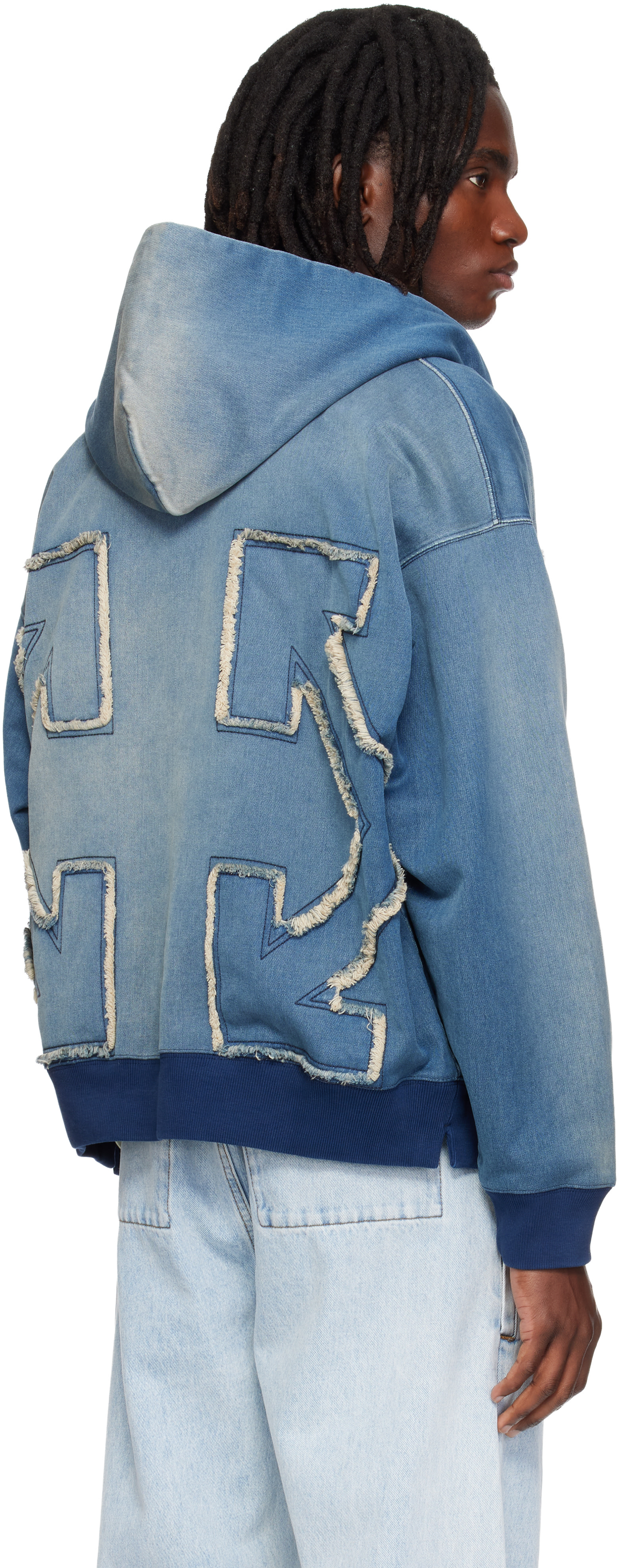 Off-White: Blue Distressed Arrow Skate Zip Hoodie | SSENSE
