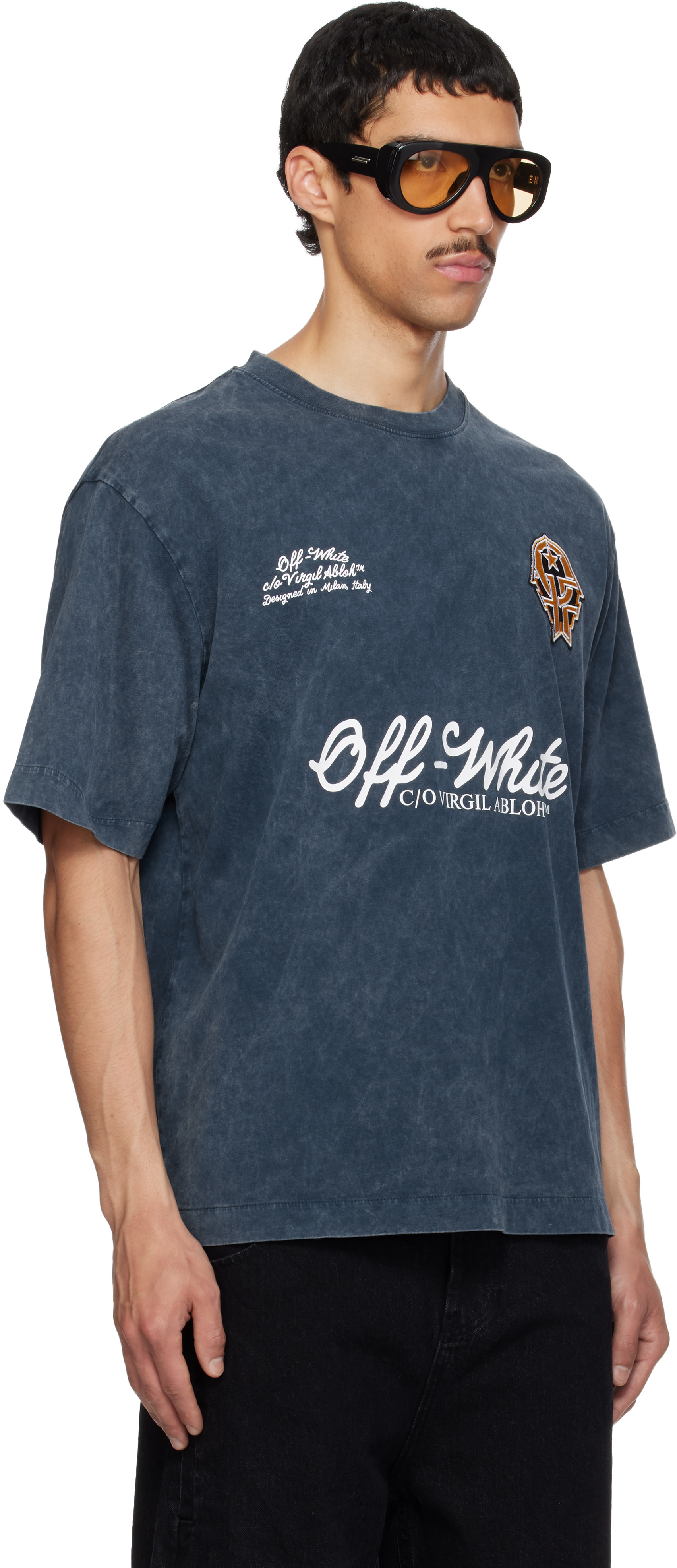 DOCUS ネイビー　オフホワイト　シャツ Off-White: ネイビー Sporty 4 Skate Tシャツ | SSENSE 日本