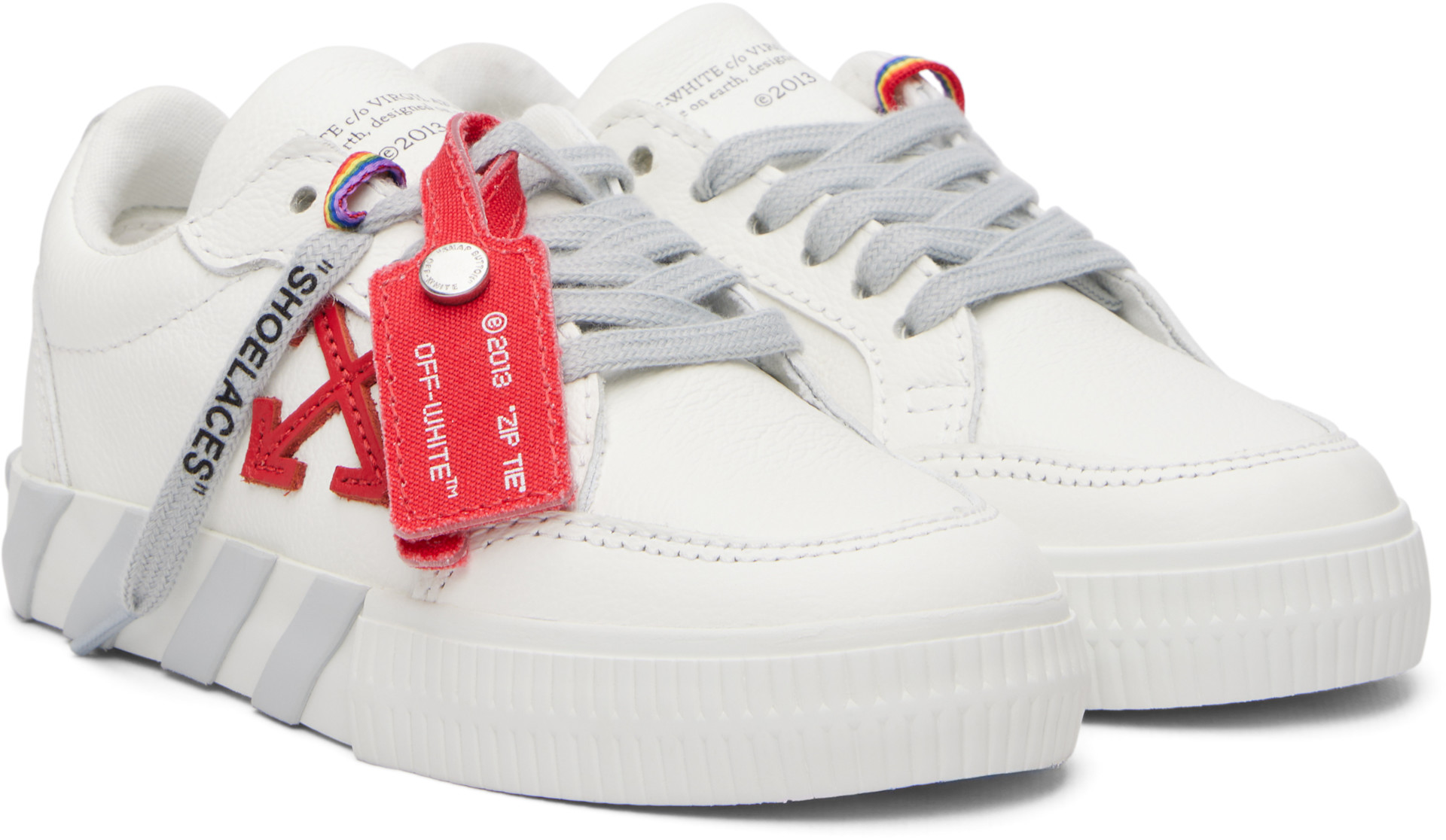 Off-White - 키즈 화이트 벌커나이즈 가죽 로우탑 스니커즈
