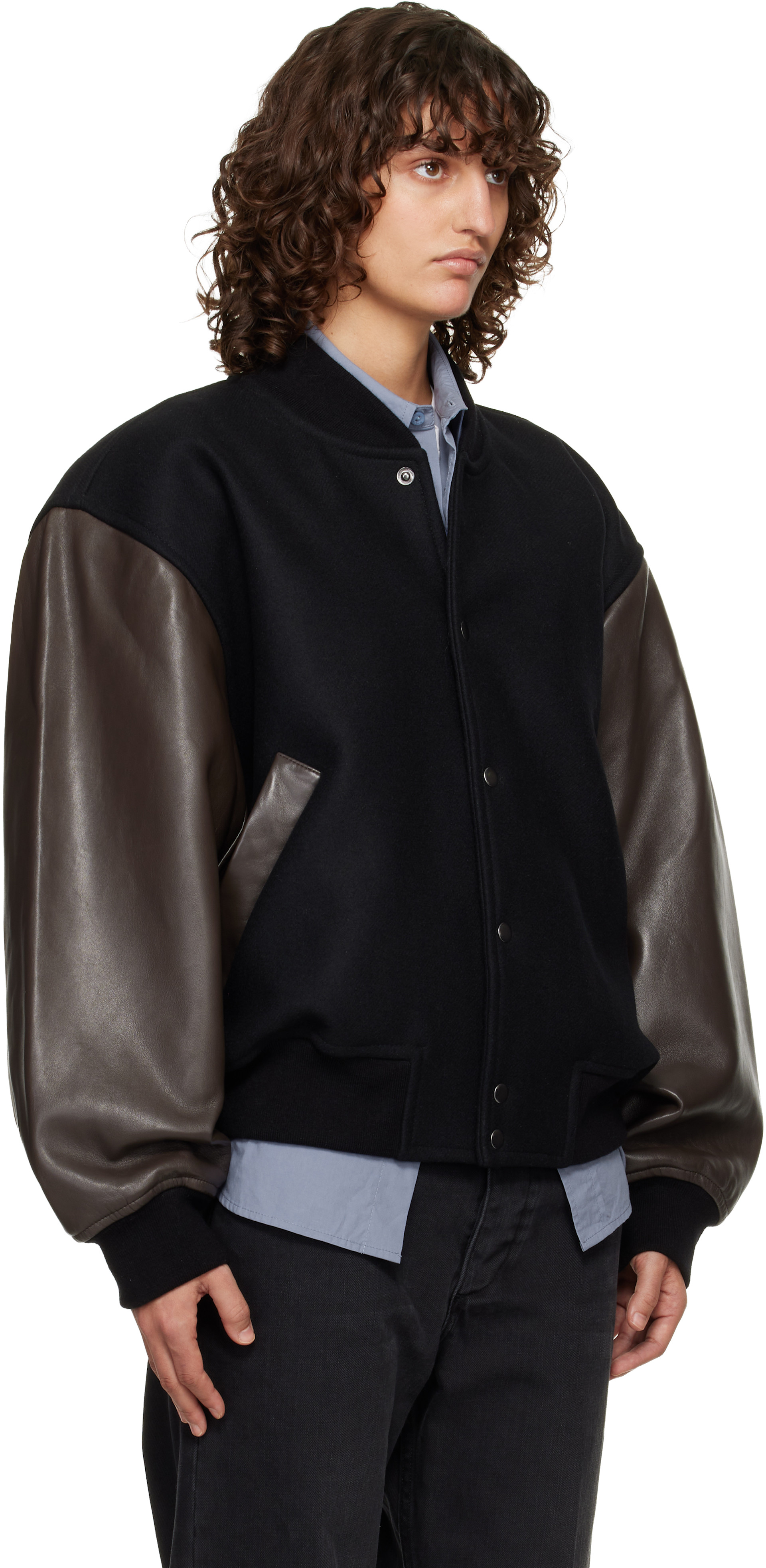 Studio Nicholson: Black & Brown Alph Leather Bomber Jacket | SSENSE