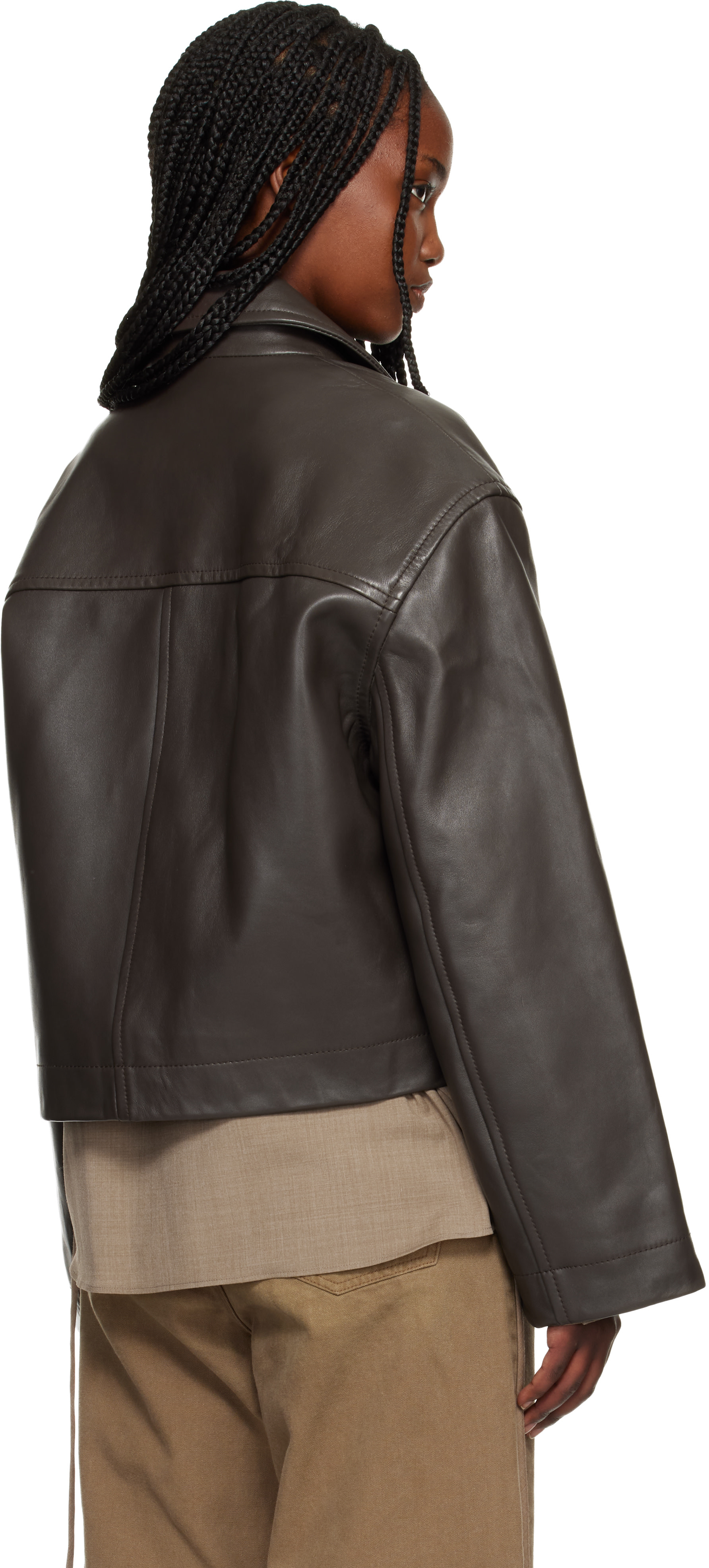 Studio Nicholson: Brown Button Through Cropped Leather Jacket