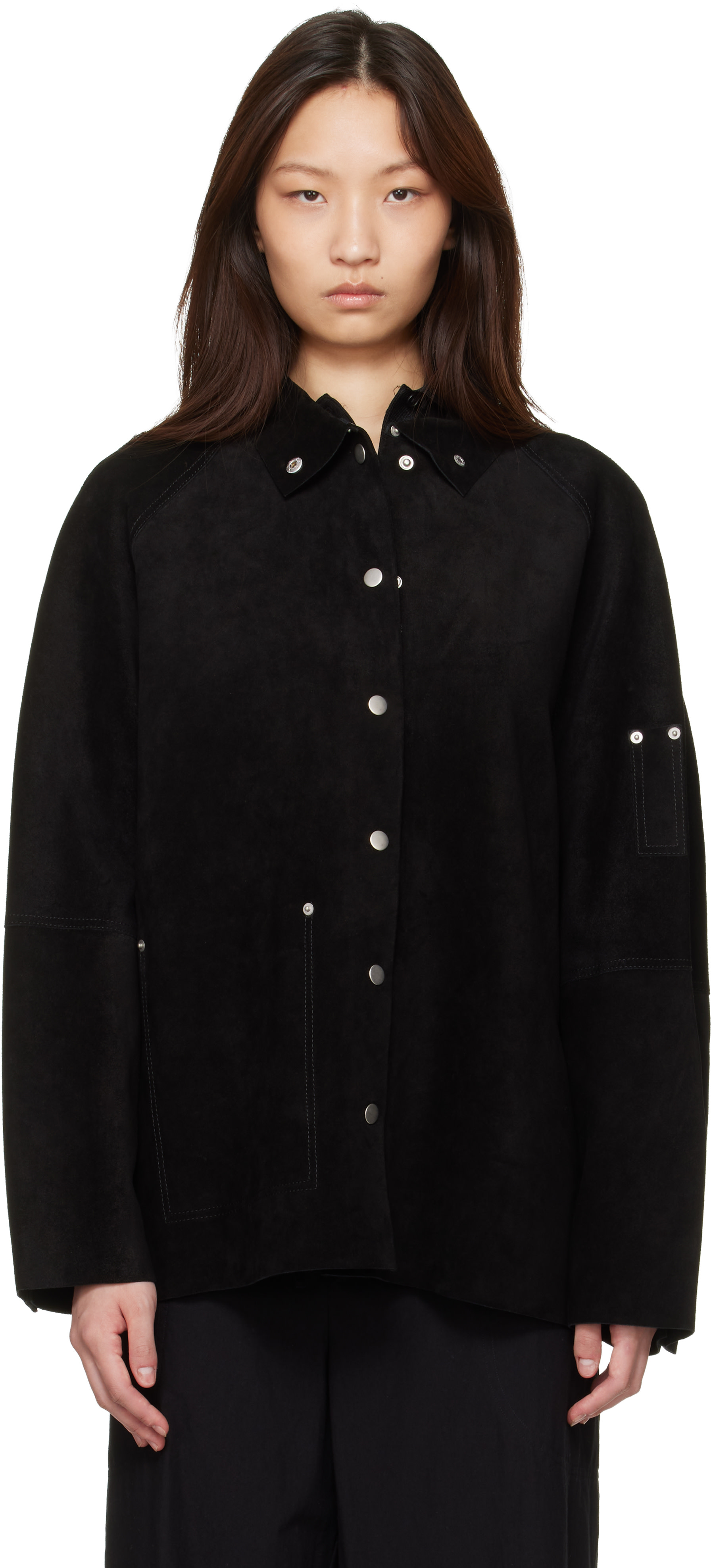Studio Nicholson: Black Dash Suede Jacket | SSENSE