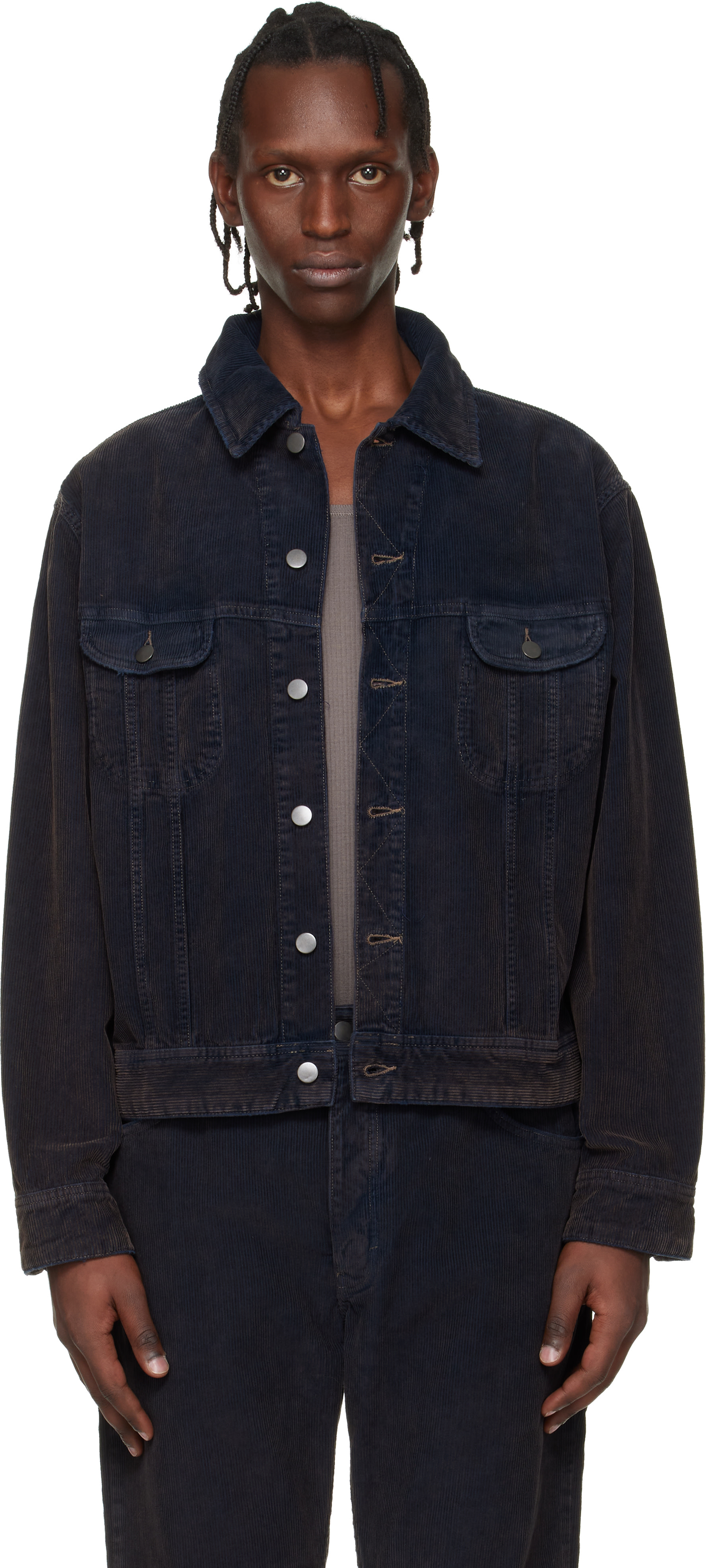Studio Nicholson: Navy Aaron Levine Edition Derby Corduroy Jacket