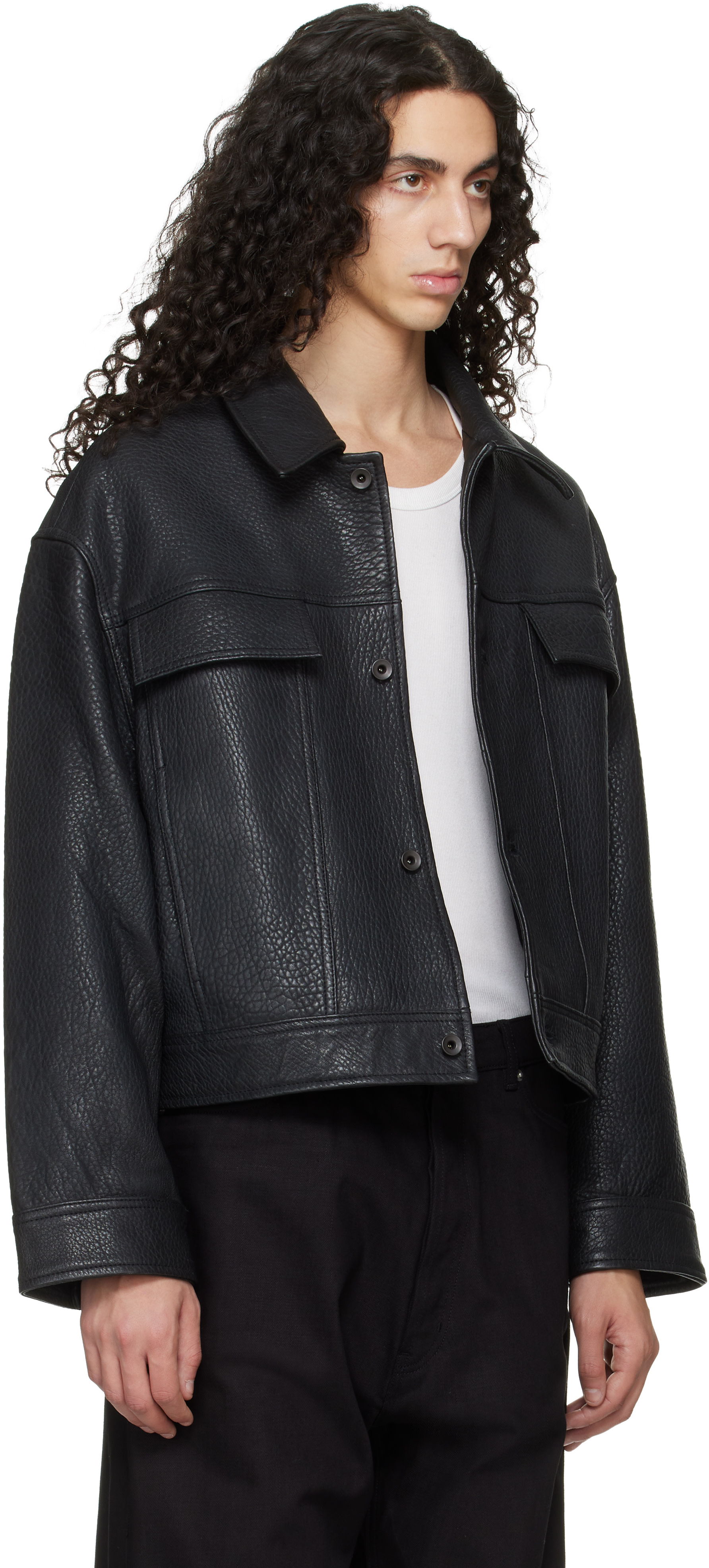 Studio Nicholson: Black Doyard Leather Jacket | SSENSE