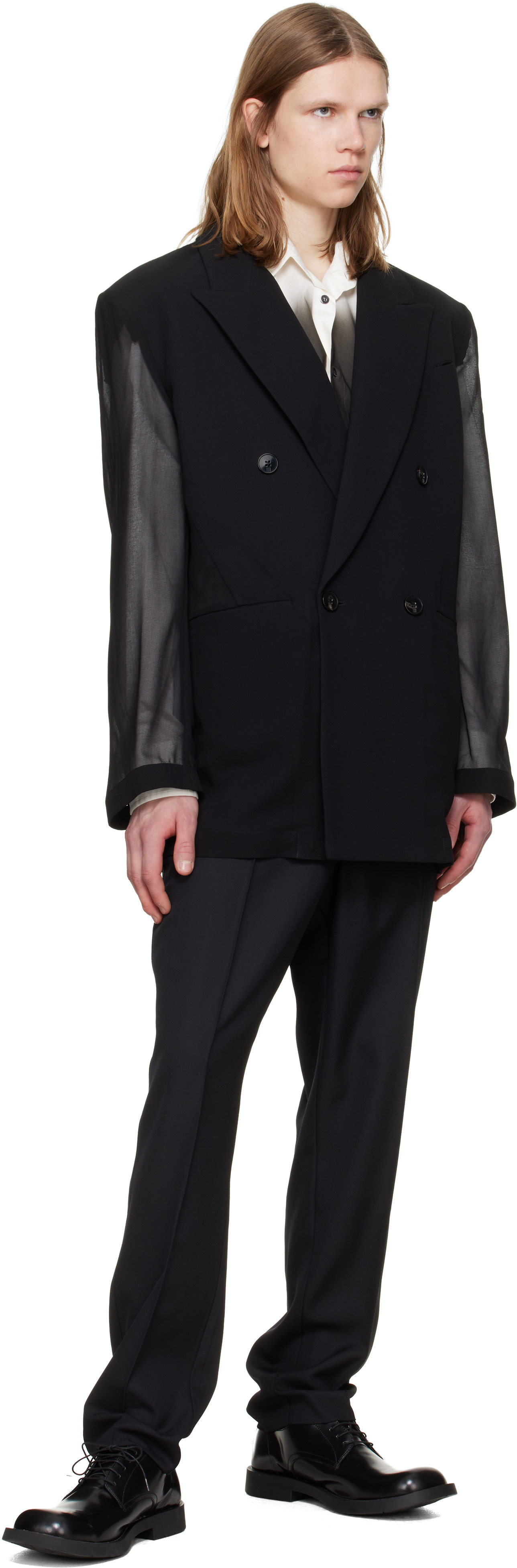 LGN Louis Gabriel Nouchi: Black 4-Button Double-Breasted Sheer