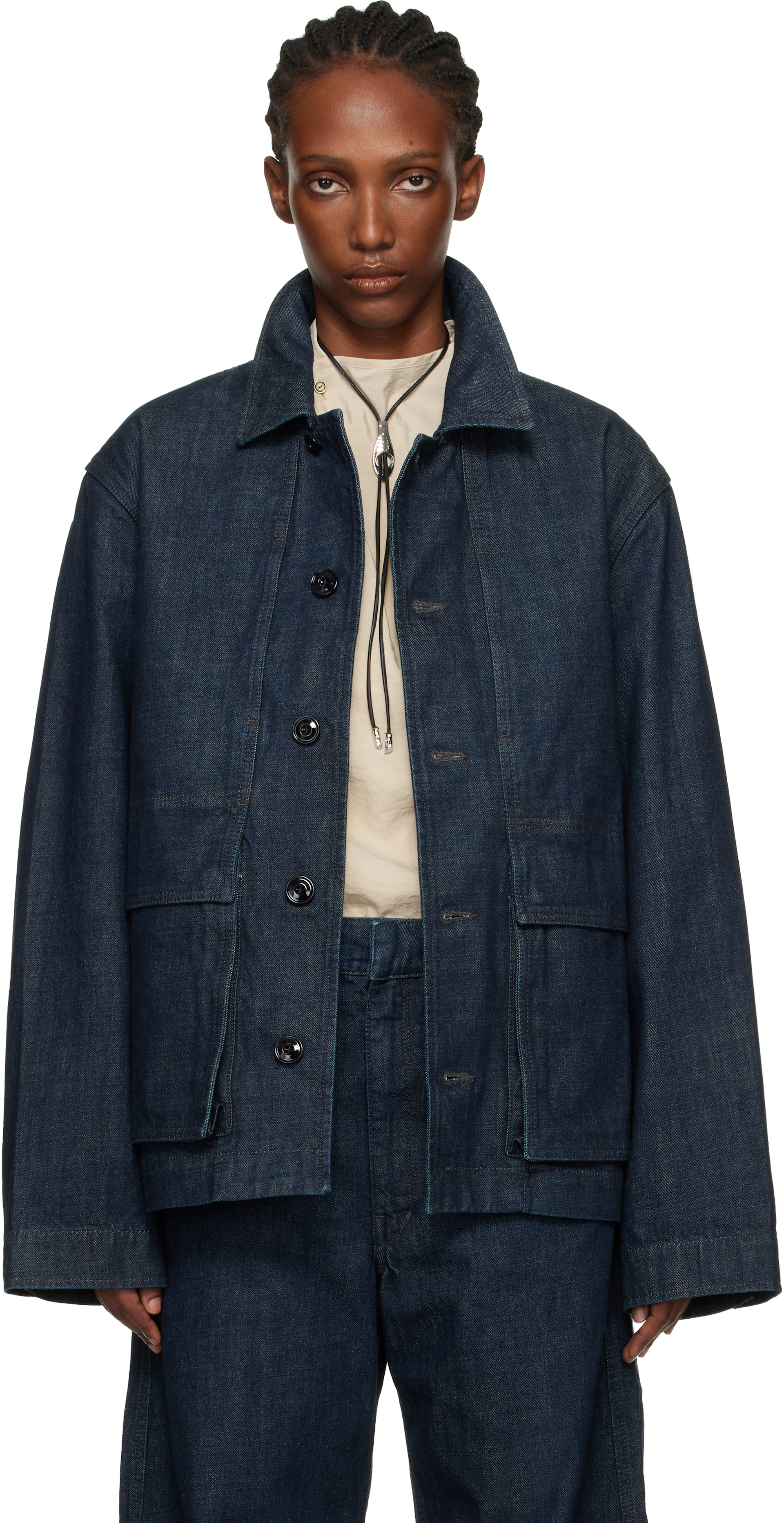 LEMAIRE: Navy Boxy Denim Jacket | SSENSE