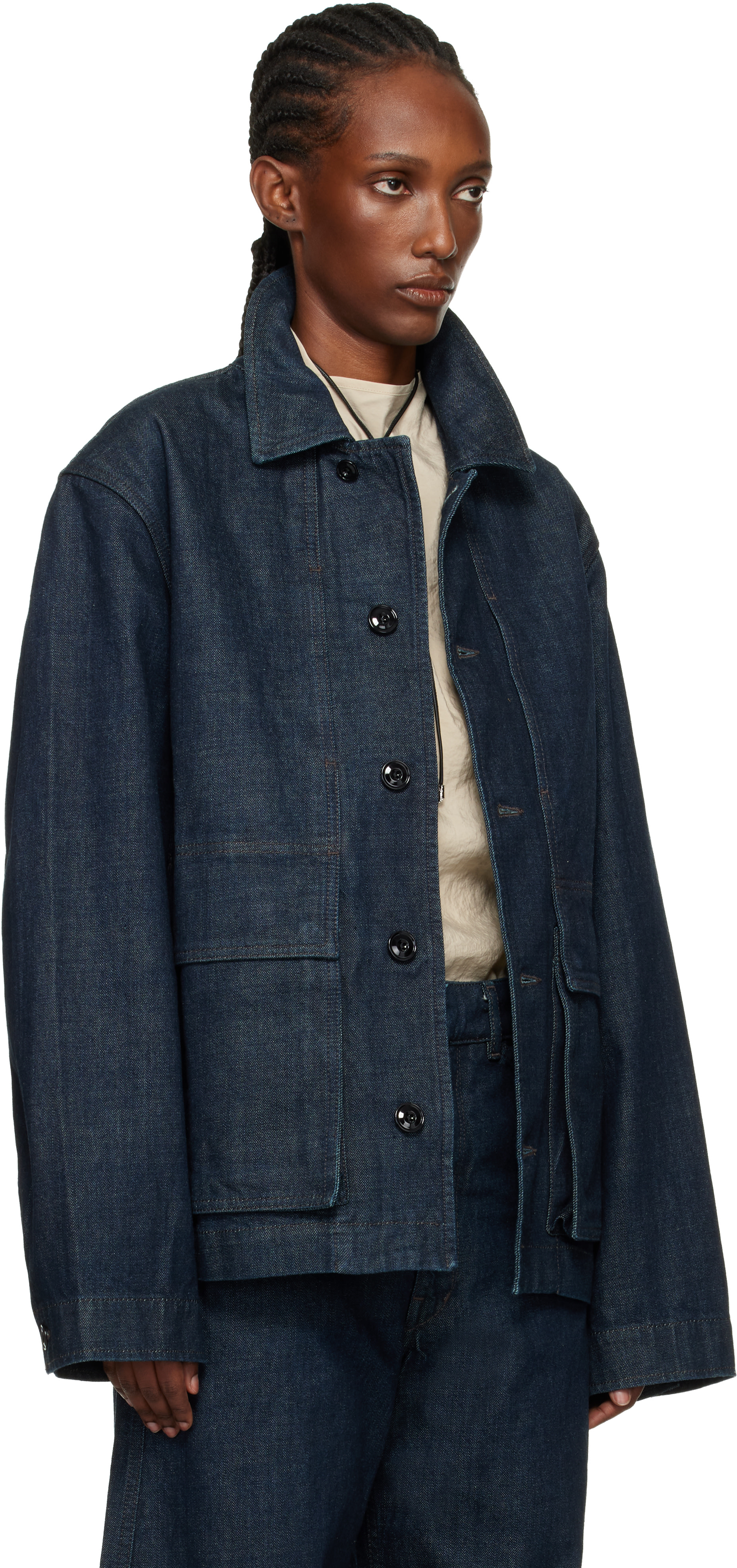 LEMAIRE: Navy Boxy Denim Jacket | SSENSE