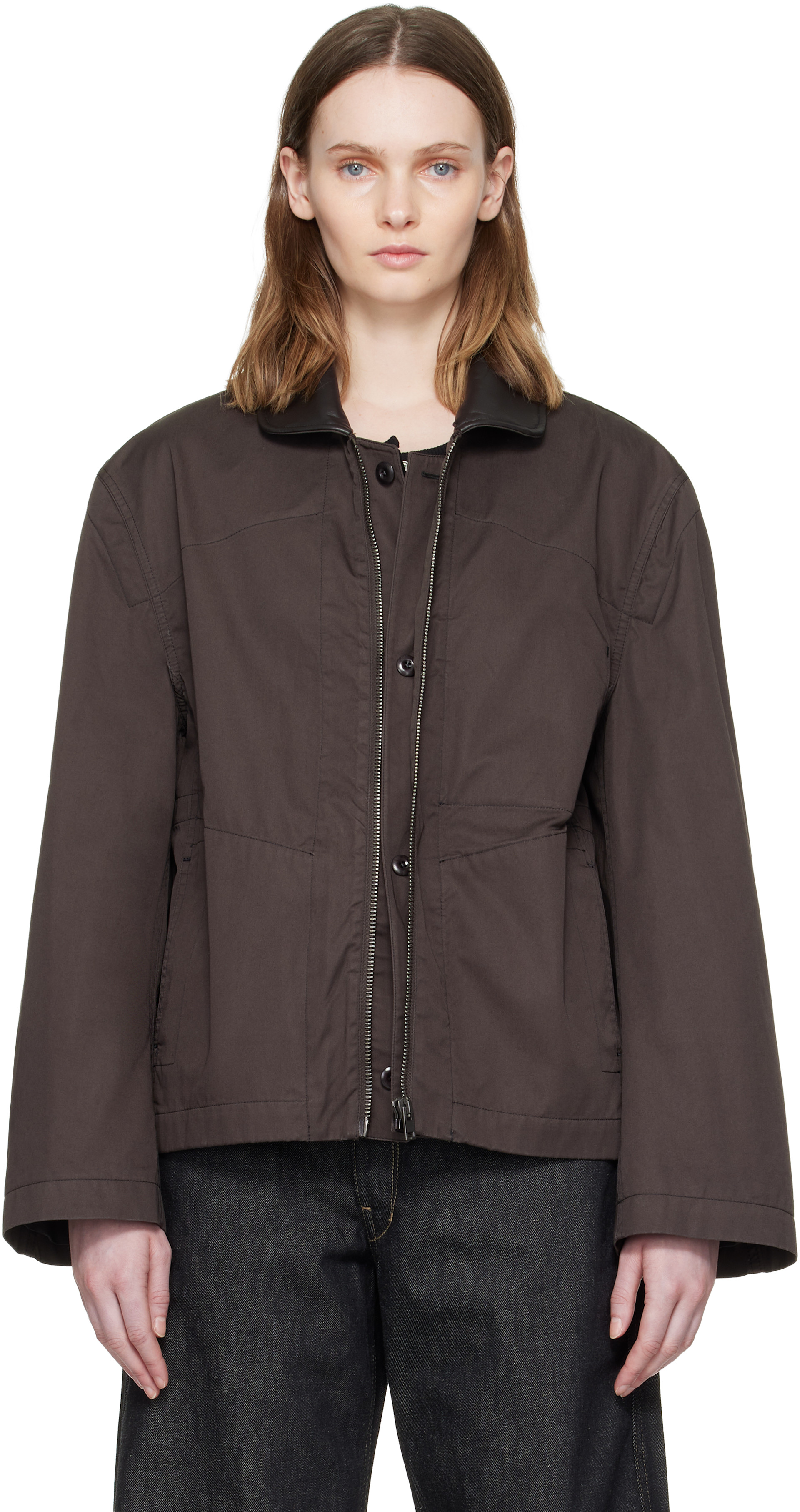 LEMAIRE: Brown Leather Collar Cotton Twill Blouson Jacket | SSENSE