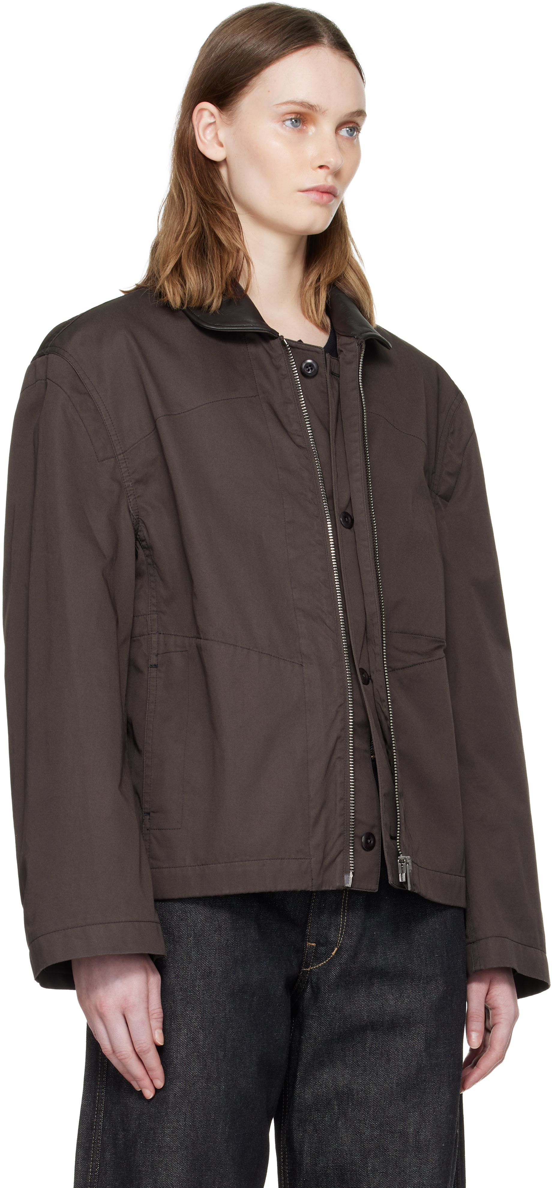 LEMAIRE: ブラウン Leather Collar コットンツイル ブルゾンジャケット