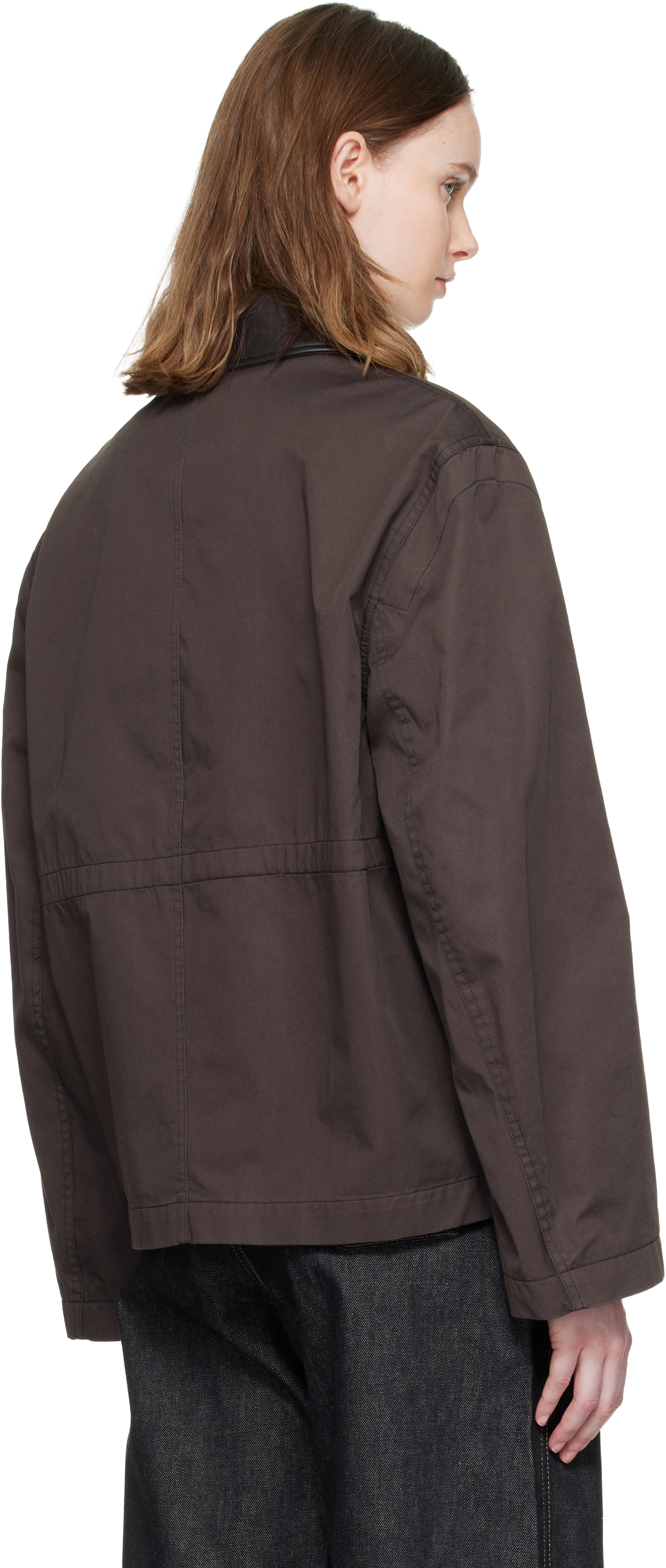 LEMAIRE: Brown Leather Collar Cotton Twill Blouson Jacket | SSENSE