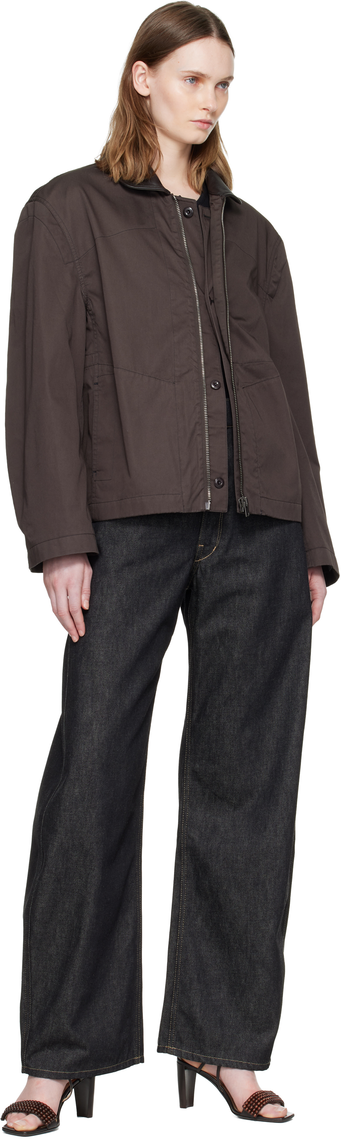ジャケット・アウター 26ss LEMAIRE LEATHER COLLAR SHIRTJKT44 LEMAIRE: Brown Leather Collar Cotton Twill Blouson Jacket | SSENSE