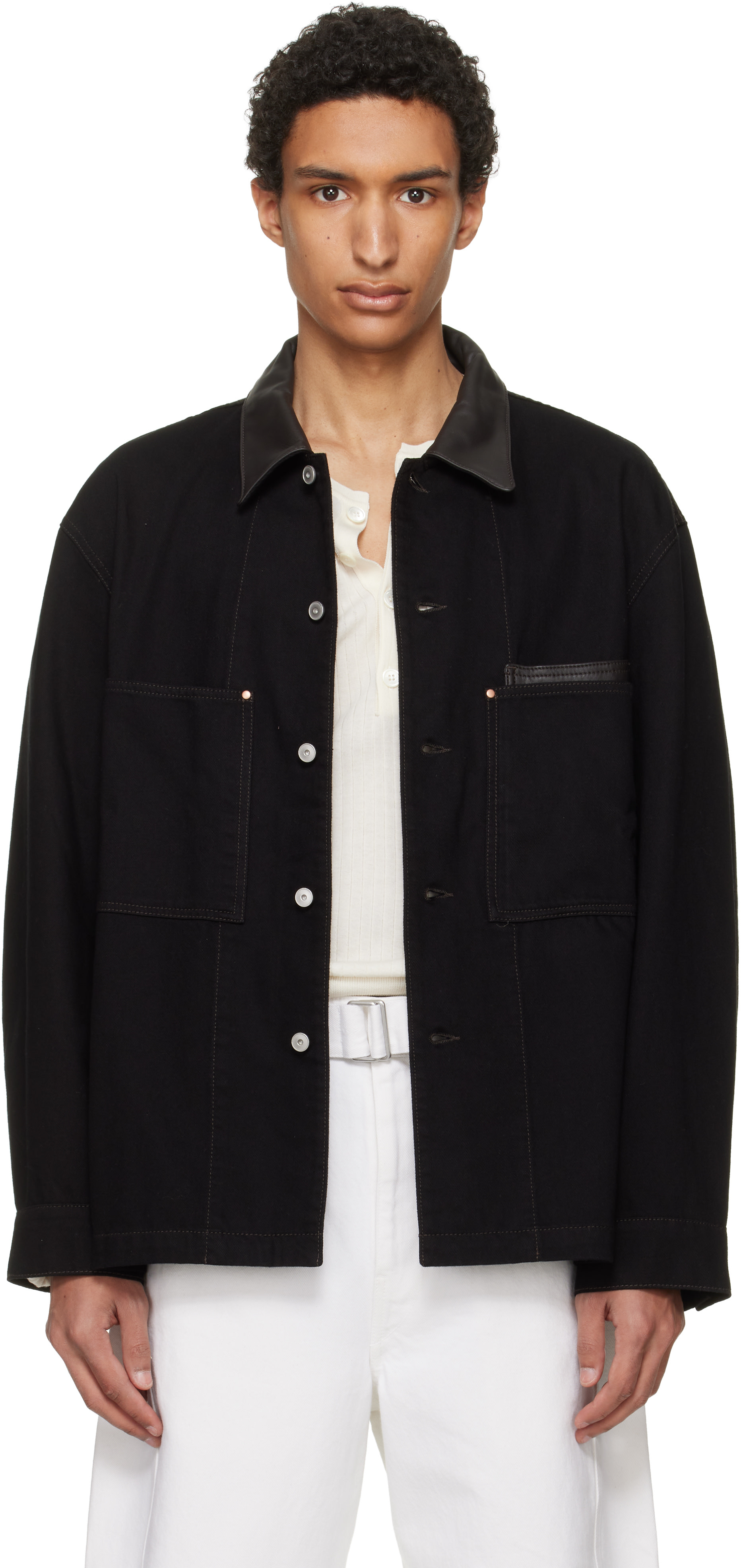 LEMAIRE: Black Workwear Leather Collar Denim Overshirt | SSENSE