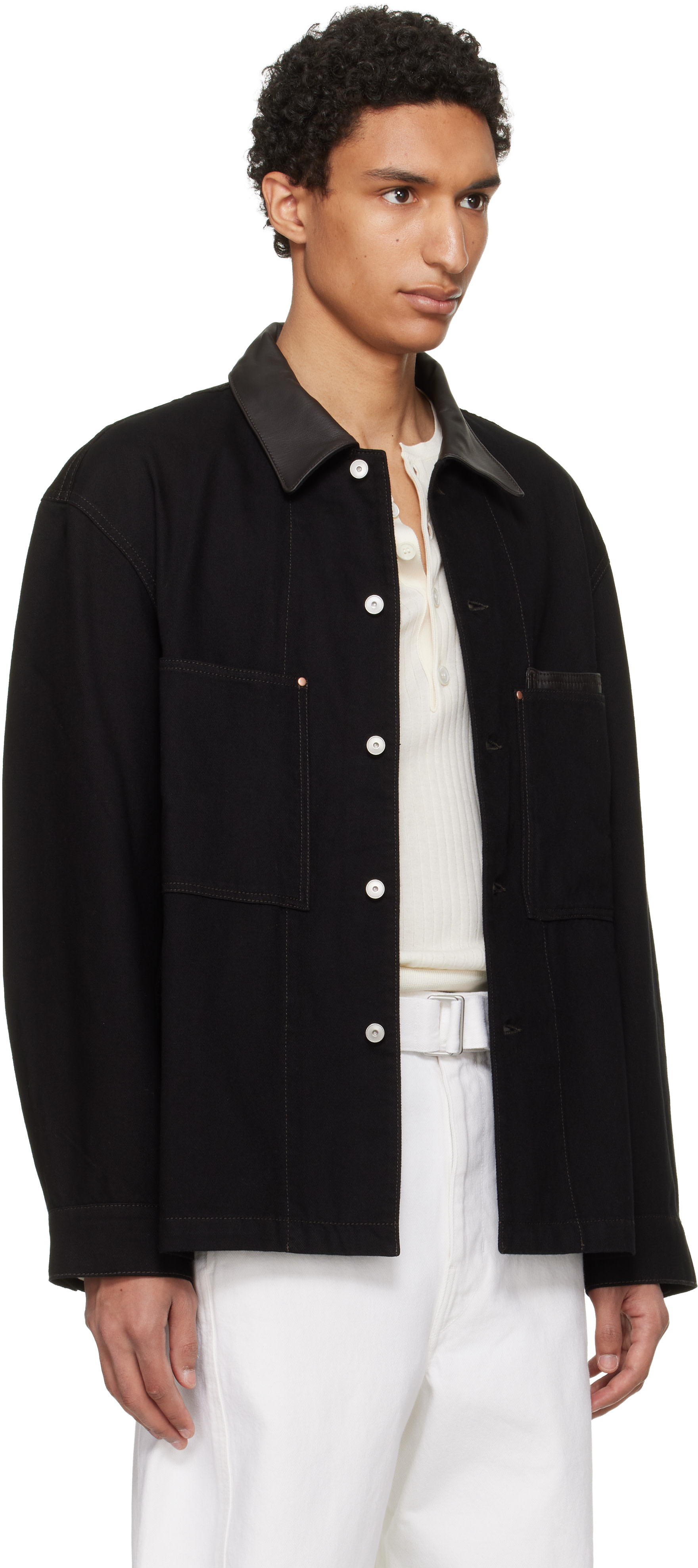 LEMAIRE: ブラック Workwear Leather Collar デニム オーバーシャツ