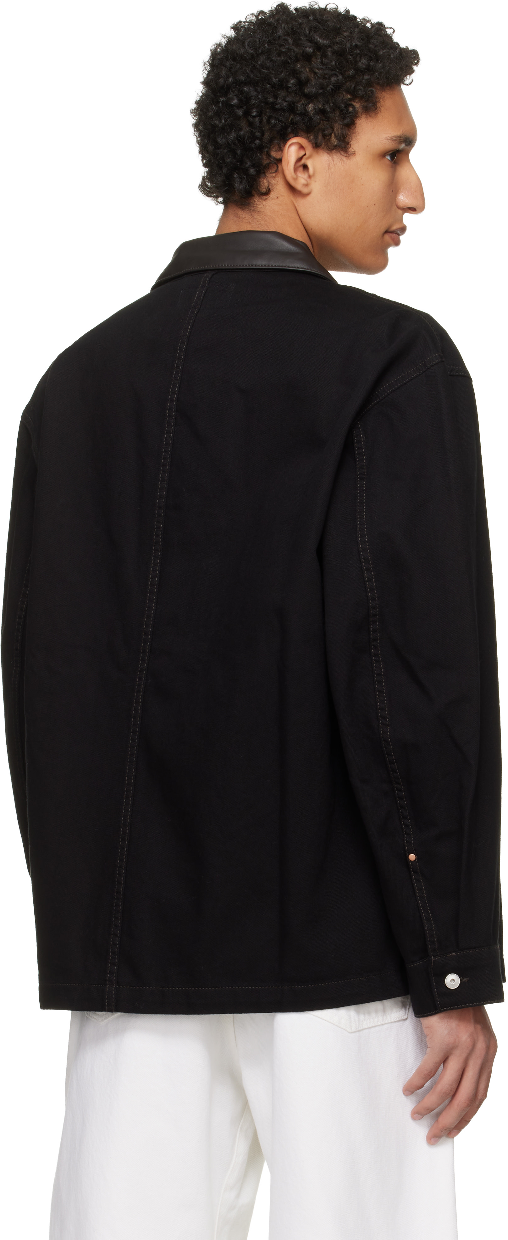 LEMAIRE: Black Workwear Leather Collar Denim Overshirt | SSENSE Canada